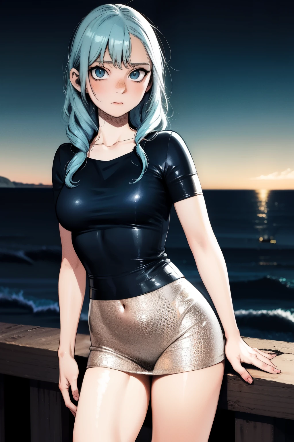 solo, 1girl, disgust, light blue hair, light grey eyes, bronze t-shirt, night, boreal ocean, detailed background, surreal, topless