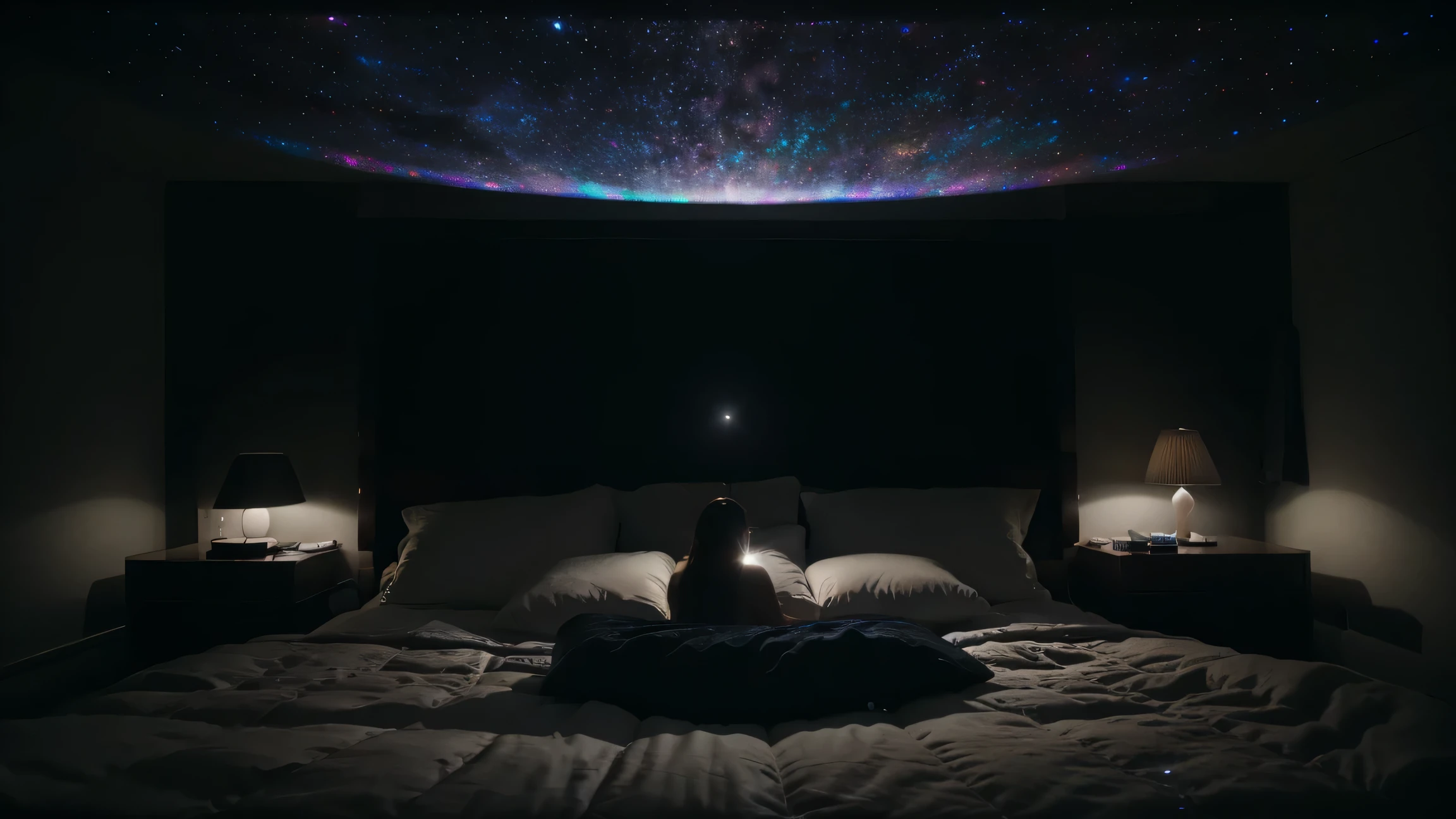 tep into a modern bedroom transformed into a celestial wonderland, filled with the soft glow of an Astronaut Galaxy Star Projector LED Night Light. The room is bathed in a mesmerizing array of colorful stars and galaxies, casting a soothing ambiance that sparks the imagination. Against the backdrop of the cosmic display, sleek and minimalist furniture accentuates the futuristic theme, while plush bedding invites relaxation and comfort. The room feels like a portal to another dimension, where dreams take flight among the stars. Captured by Tim Walker with a Sony A7III and a wide-angle lens, the lighting is ethereal and enchanting, enhancing the dreamlike quality of the scene