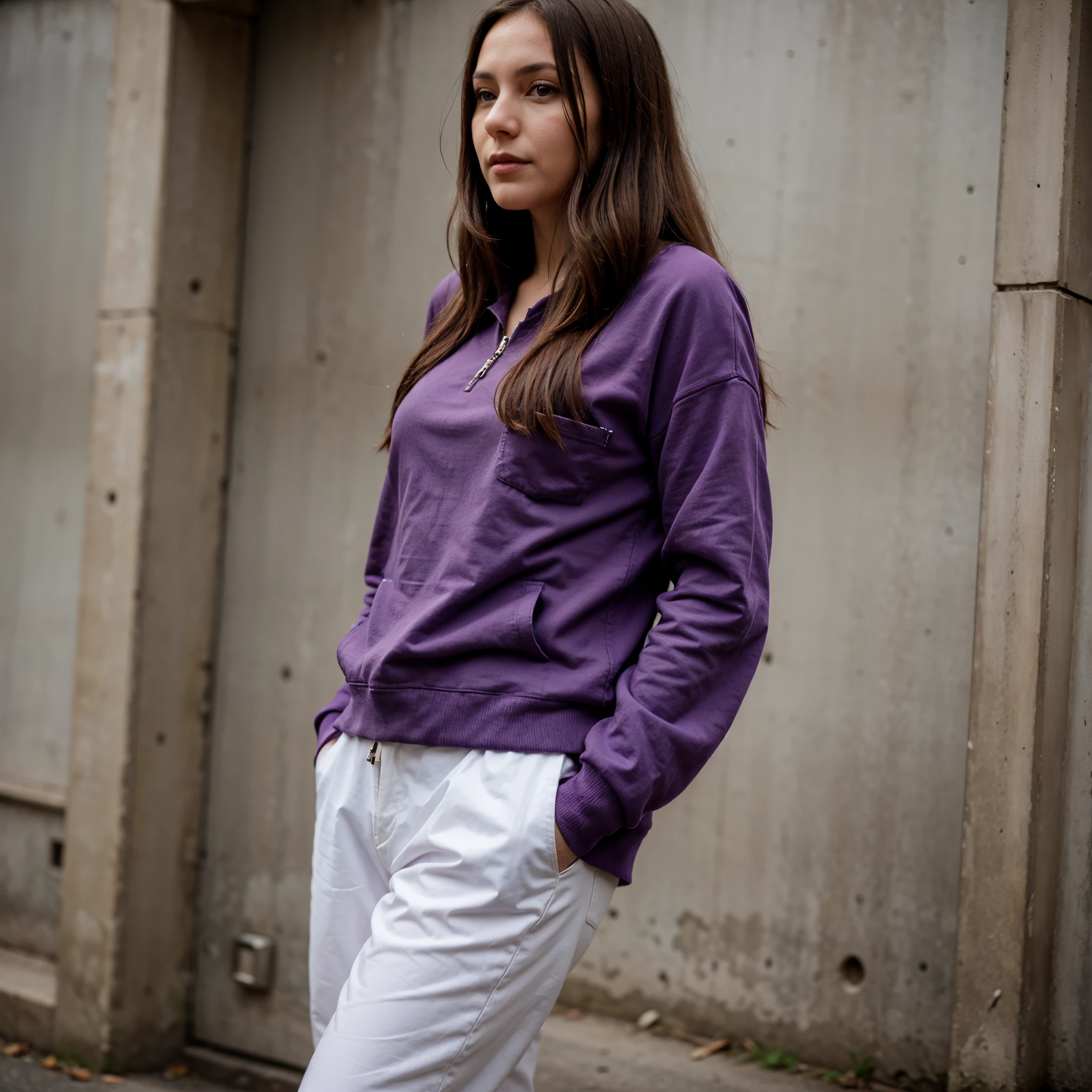 A portrait of a Burnette woman standing hand in pockets, wearing purple clothes