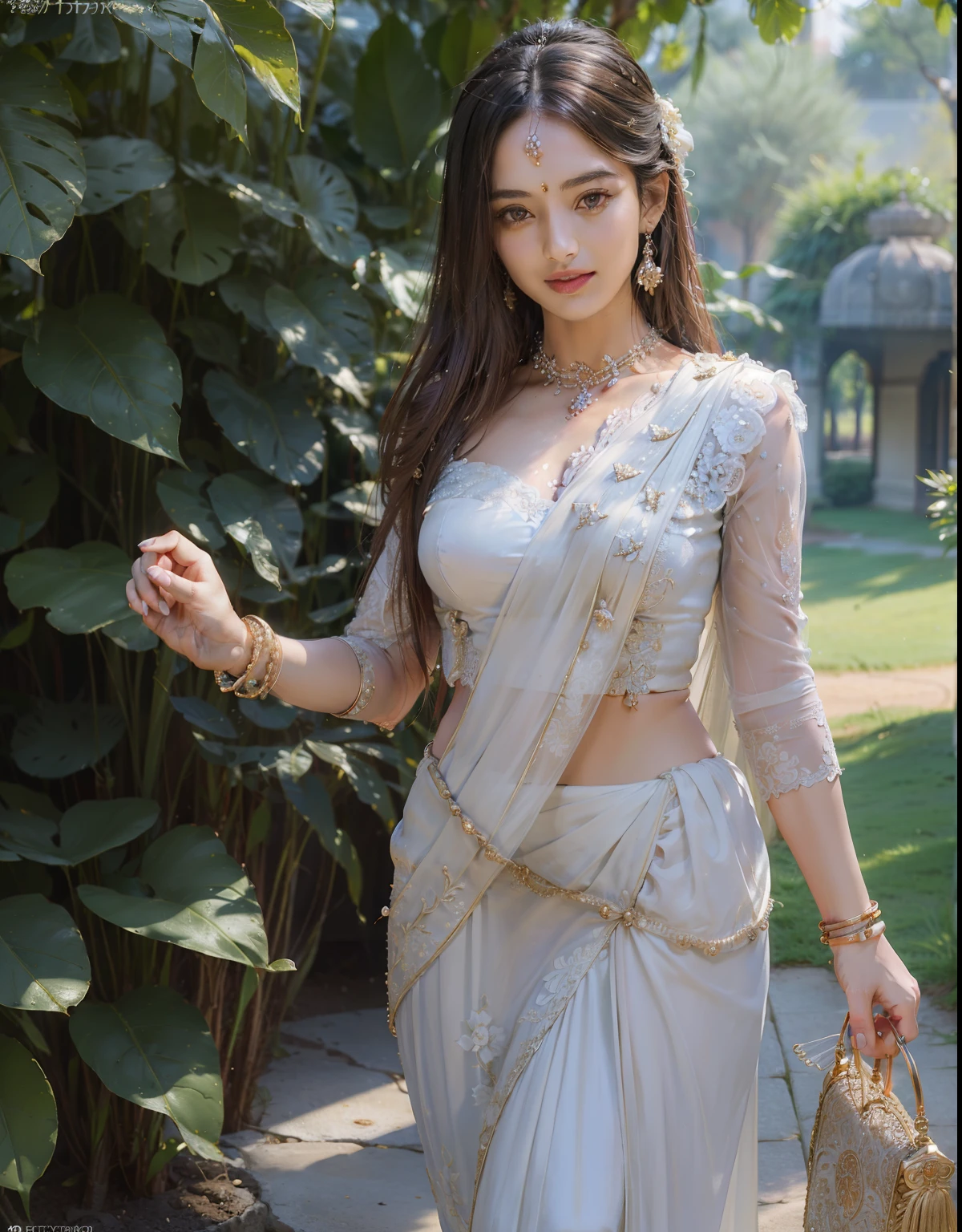 ((top-quality、masterpiece、photographrealistic:1.4、8K))、Beautuful Women、full body Esbian、、delicate and beautiful face、The Great Noble Lady of India、(Women in Southeast Asia)、(Indian style luxury saris and headdress)、Luxury accessories、Saree、Beautiful lighting、Textured skin、Super Detail、high detailing、High quality、hight resolution、(Stroll through beautiful Indian-style gardens。Indian castle on background)、florals、The tree々、Elegant smile、(looking at the viewers)
