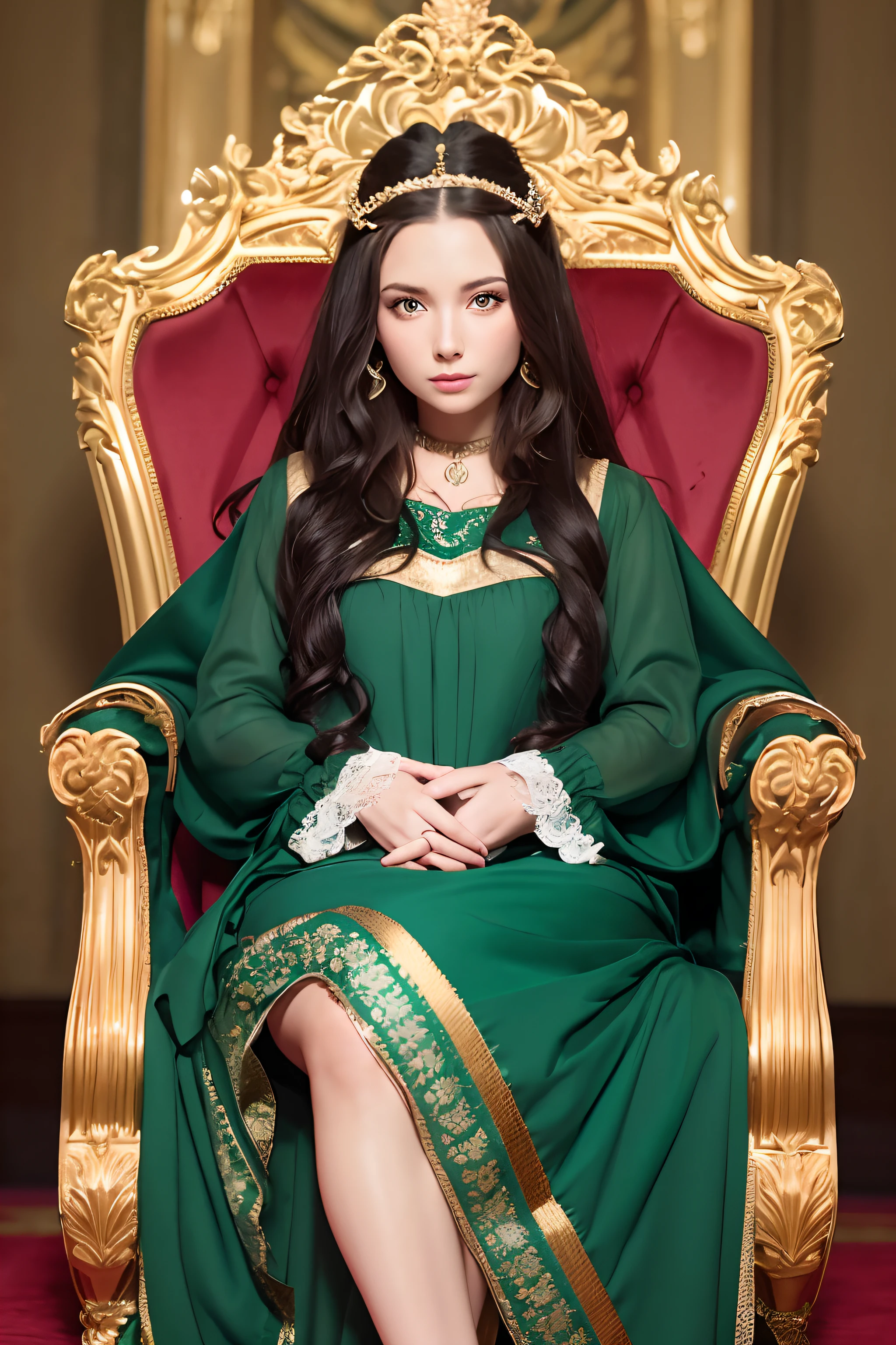 A woman, long curly blond hair, green eyes, in a royal dress, sits on a throne, in the center of a large hall in the style of 18th century Russia. A man, short black hair, gray eyes, stands behind the throne.