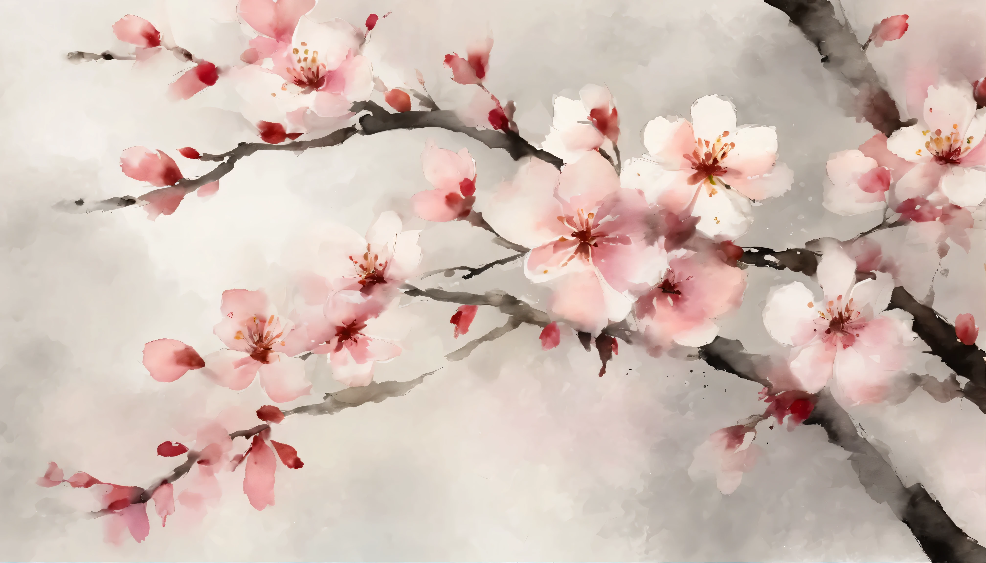 (best quality,high resolution,masterpiece:1.2),Super detailed,Ink and watercolor texture,(pale,delicate) touch,Ink and watercolor,close up,((Cherry blossoms)),Ink texture,delicate color gradation,soft ink blend,Delicate lines and brushstrokes,((Cherry blossoms花瓣)),Exquisite ink and watercolor techniques,Light and shadow effects,Translucent and ethereal atmosphere,Strokes of different thicknesses,((Cherry blossoms树枝)),elegant composition,Fine details and textures,((Cherry blossoms花蕾)),delicate ink bleeding effect,((精致的Cherry blossoms花)),((delicate color washes)),((watercolor mixture)),((delicate ink contours)),natural and organic forms,((Cherry blossoms花瓣 softly falling)),((Soothing and peaceful atmosphere)),((A game of light and shadow)),((evoke a sense of tranquility)),fantastic、Evocative emotions,((delicate ink splatters)),((Gentle and delicate wash)),((模糊的Cherry blossoms背景)),((minimalistic composition)),((minimal color palette)),((delicate watercolor washes))