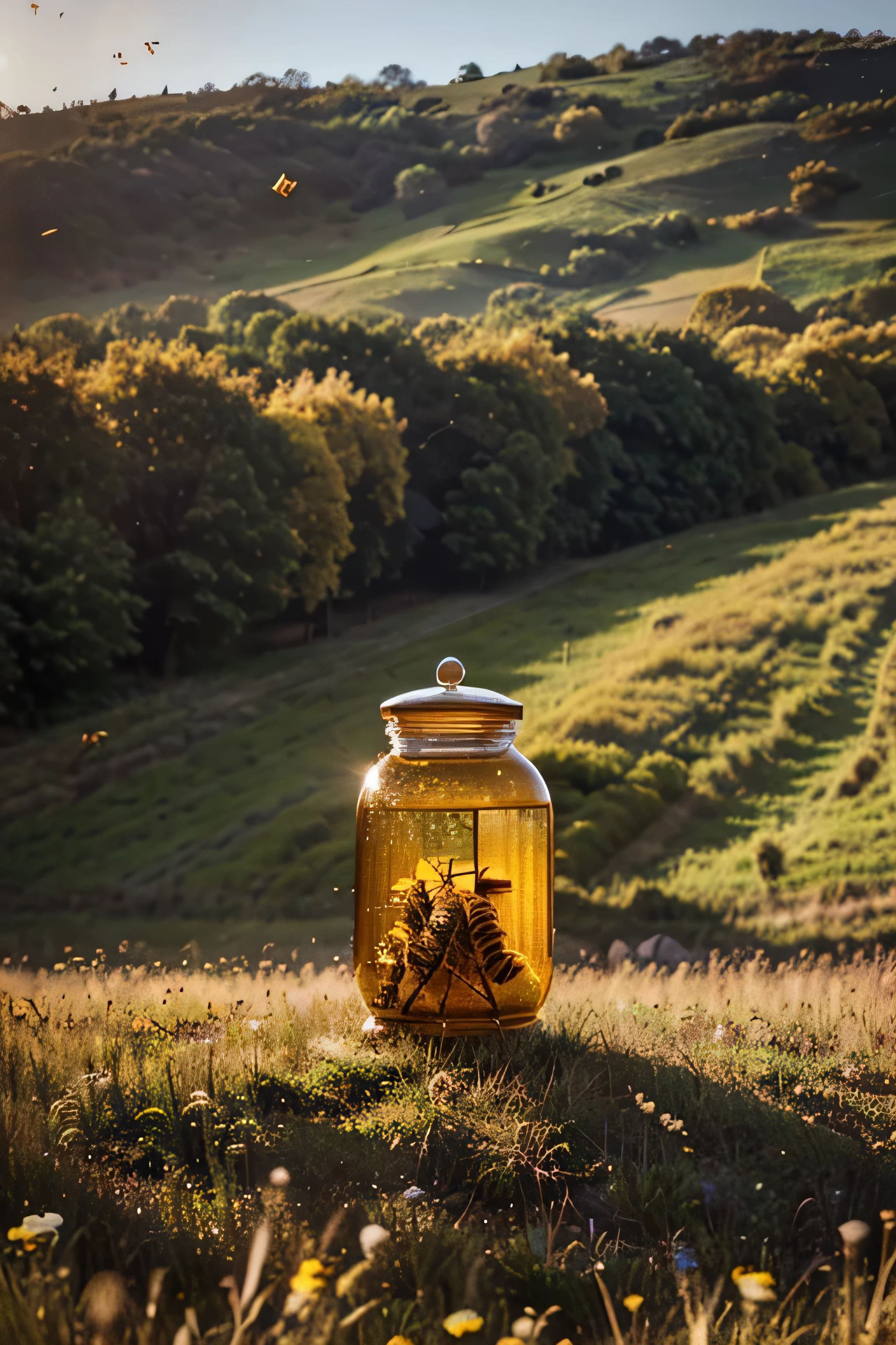 a honey jar, in a middle of of field, natural background, bees flying, realistic, great lighting, ultra 4k