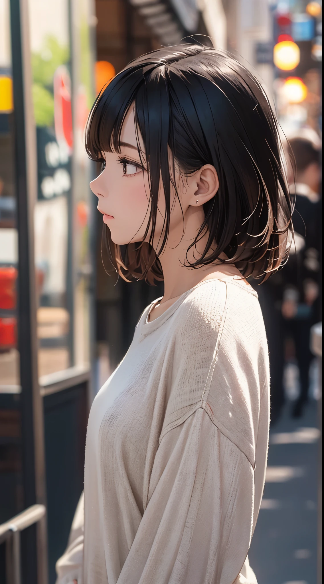 ultra-detailed, vibrant colors, soft natural lighting, fine art, bokeh effect. upper body, casual outfit, from side