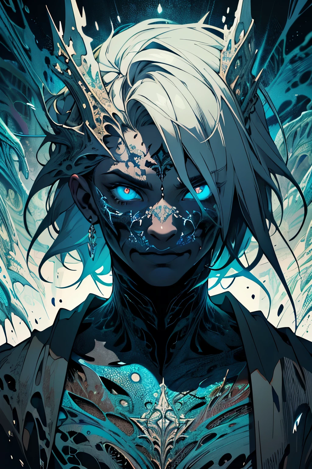 masterpiece, (absurdres, highres, ultra detailed), 1boy, muscular, facial hair, solo, extremely detailed eyes, (official art, beautiful and aesthetic:1.2), (dark art,erosion,fractal art :1.3), colorful, horror, highest detailed