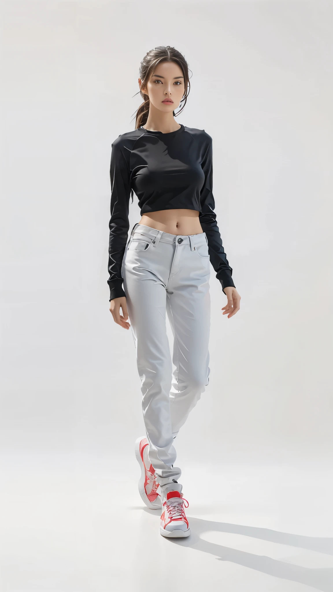16K, Masterpiece, photorealism, A girl walks to her full height, a girl with dark long hair, a girl dressed in a white top, light jeans, white sneakers, white background,