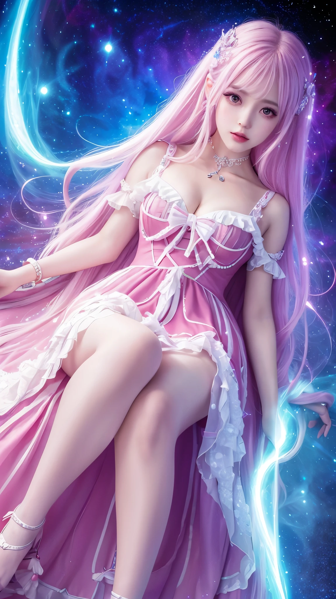 4K Ultra HD, Masterpiece, A girl with a magical aura, Good face, Long hair, shinny hair, Detailed eyes, Glossy lips, Wearing a red Lolita costume, The aura around the body, Magical effect, Spread white light, Cosmic elements and ethereal atmosphere, A mix of bright lights and colorful nebulae, universe background, Sitting, Full body capture.