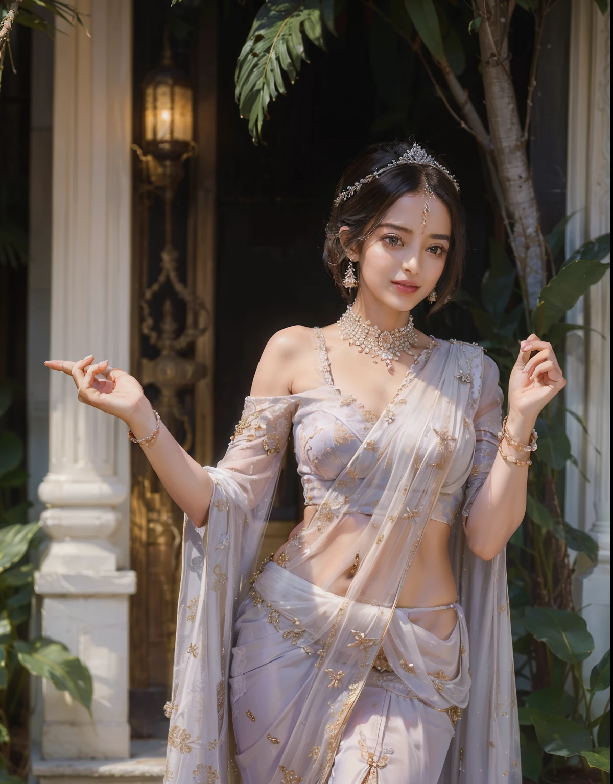 ((top-quality、​masterpiece、photographrealistic:1.4、8K))、Beautuful Women、full body Esbian、sixteen years old、delicate and beautiful face、The Great Noble Lady of India、（Women in Southeast Asia）、（Indian style luxury saris and headdress）、Luxury accessories、Saree、Beautiful lighting、Textured skin、Super Detail、high detailing、High quality、hight resolution、（Stroll through beautiful Indian-style gardens。Indian castle on background）、florals、The tree々、Elegant smile、（looking at the viewers）