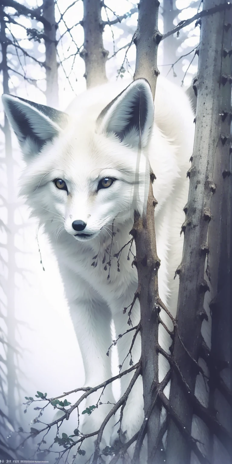 (masterpiece, best quality, Super detailed, lifelike), Snow covered deep forest.white arctic fox.