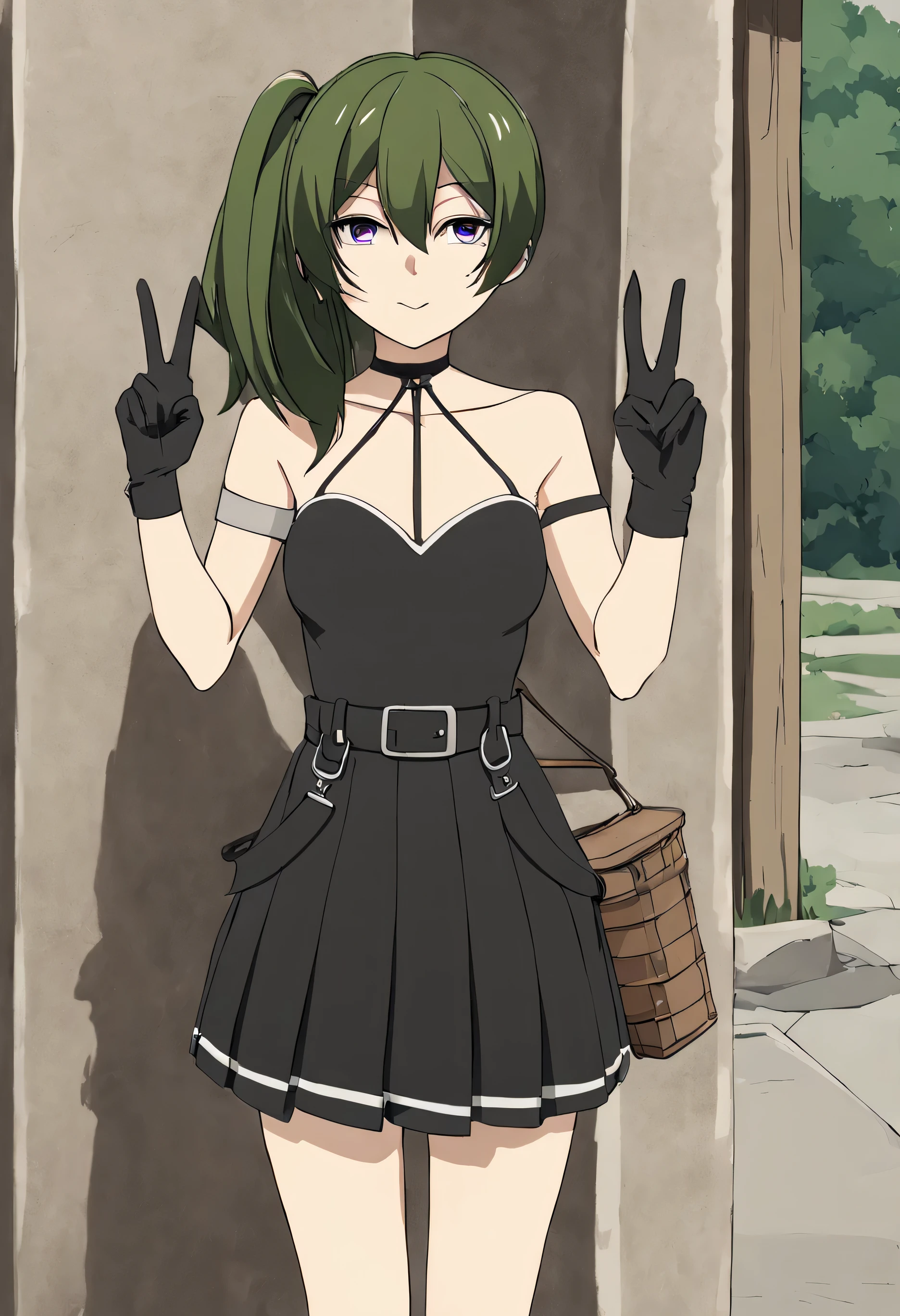 ubel,1girl,green hair, bangs,hair between eyes,side ponytail, purple eyes, standing upright,
black choker, collarbone, sleeveless, black dress,sleeveless dress, halterneck,pleated skirt, black gloves,
looking at viewer, half-closed eyes, expressionless, smile, double v, outdoorasterpiece,best quality:1.0),