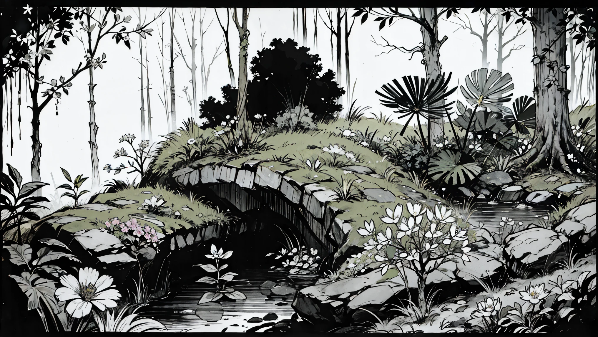 Lush forest and plantlife, flowers.