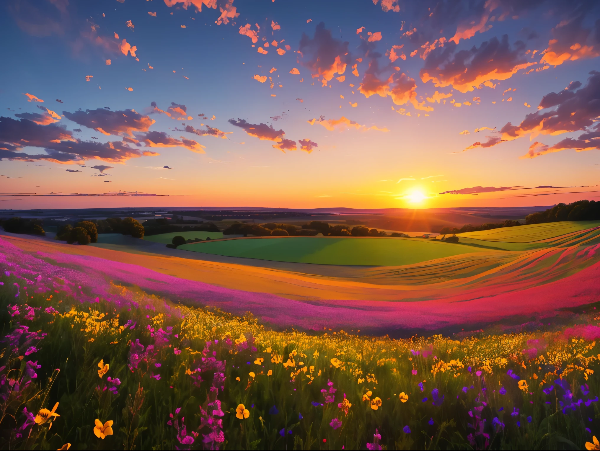 ((highest quality, 8k, masterpiece, photorealism, RAW photo, highest quality)), sunset over wildflower field on sky background, flower sunset, late summer night, summer setting, vivid dawn in the meadow, morning light, evening sunset, sunrise, when the sun sets on the horizon, morning sunrise, summer morning light, dusk, flower garden in the foreground, wide wide shot, night sunset, early morning sunrise, high definition, realism, Realistic photos, professional color correction, shot with Canon EOS 5D Mark IV