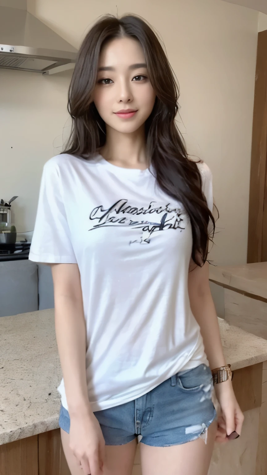 ((top-quality、8k、masterpiece:1.3))、Beautiful woman with perfect body:1.4、slim abdomen:1.2、Longhair, normal breast, Highly detailed facial and skin texture, A detailed eye, delicate eyes, double eyelid, (smile), (full body shot), ((kitchen)), (standing), (((wearing casual t-shirt)), looking in front