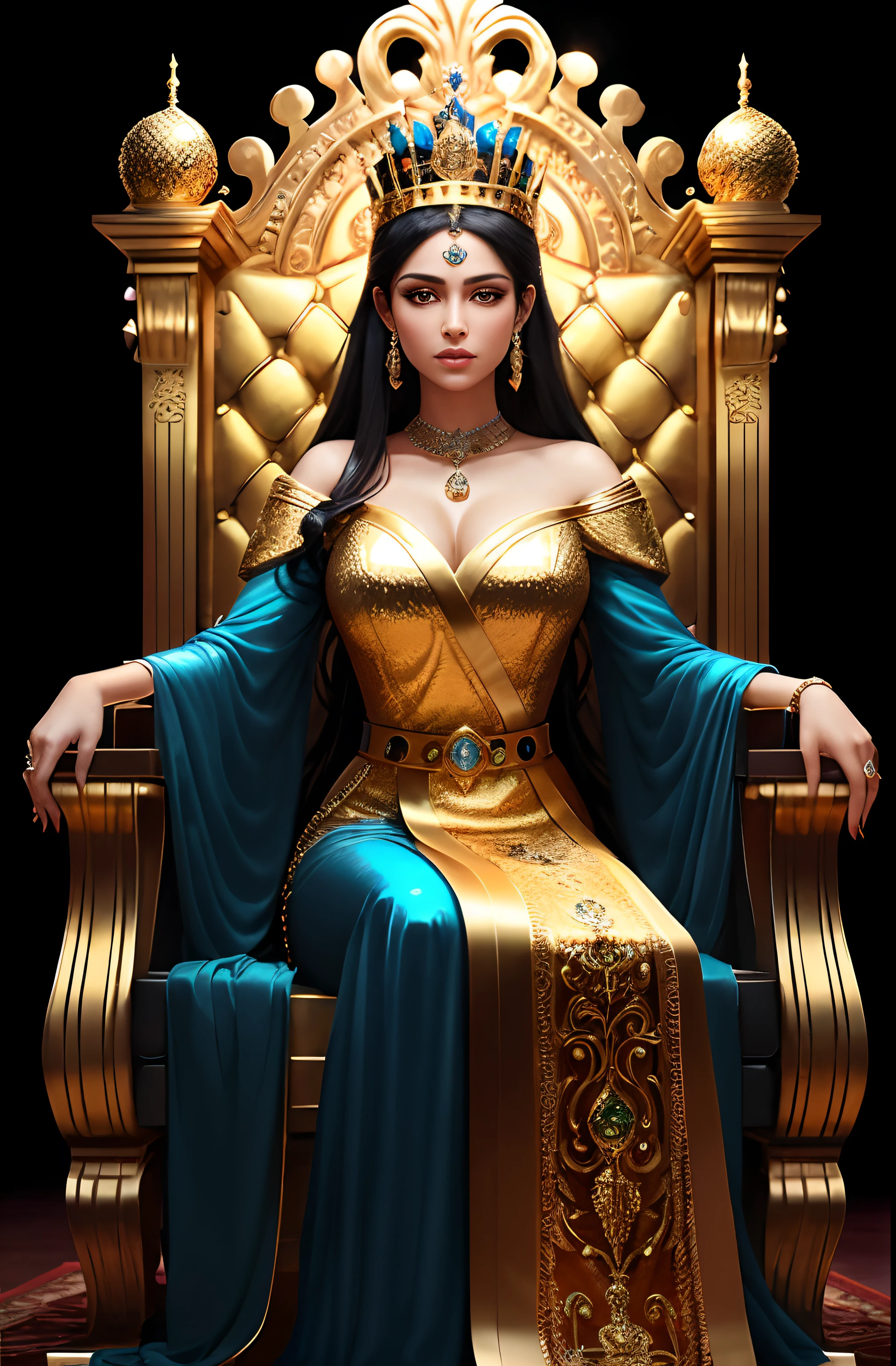 Queen of Babylon , with black hair and yellow green eyes, is glossy-skinned, looks gorgeous and dignified, has high self-esteem, wears long blue queen dress with jeweled belt, beautiful queen with perfect look, perfect body, beautiful face, puts on an golden crown, is sitting on golden throne, is commanding servants, Babylon iraqi palace, Peacocks, Babylon mythology, splendid atmosphere, photorealistic, super high quality, super detail, description of ultra-accurate, precise hands, masterpiece, 8K, HDR