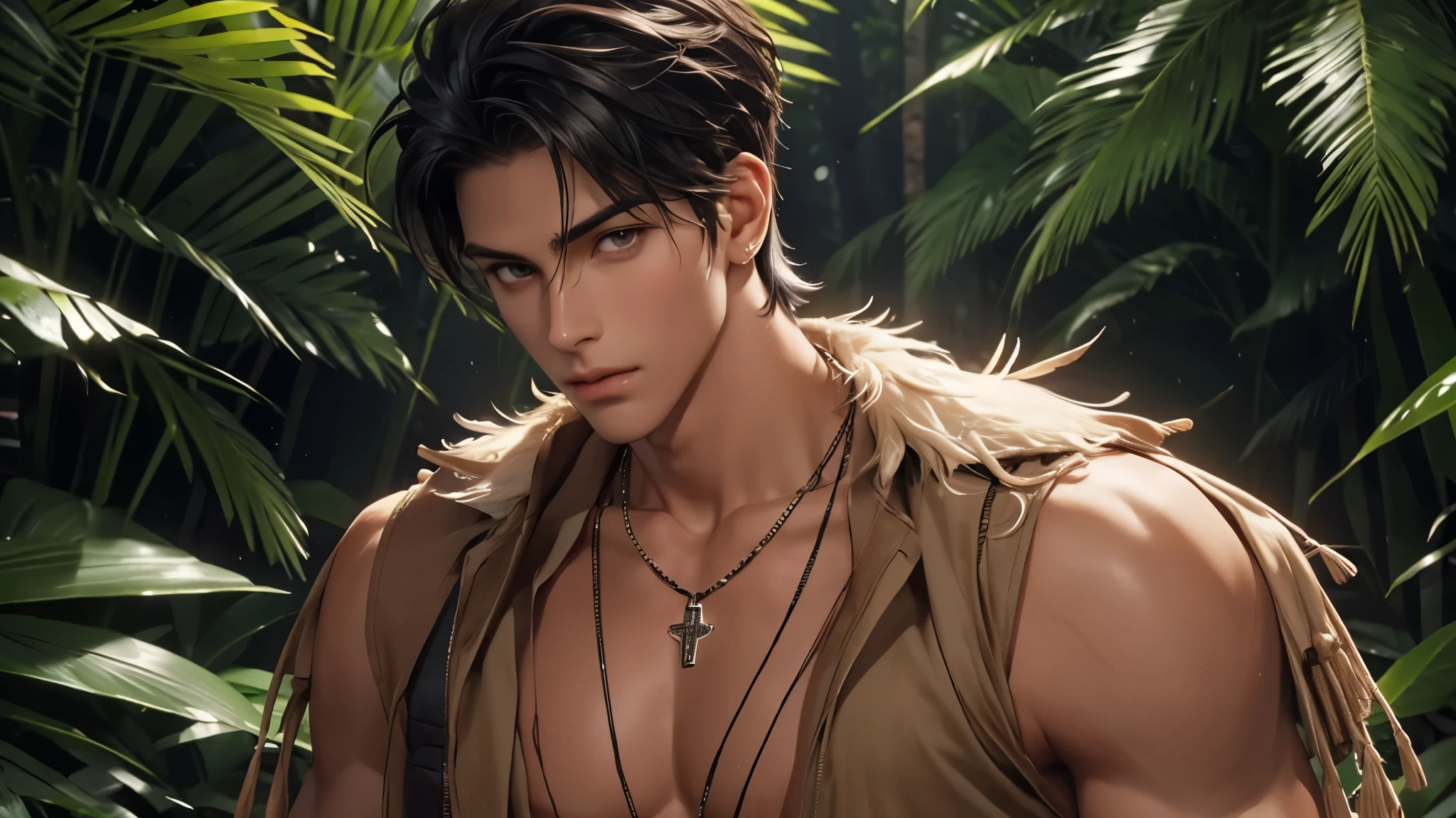 1 boy,Handsome，tall and strong,perfect male figure, eyes looking at camera, ((Tanned skin)),forest，feather hair accessories，short black hair,Serious expression,necklace,Ray tracing