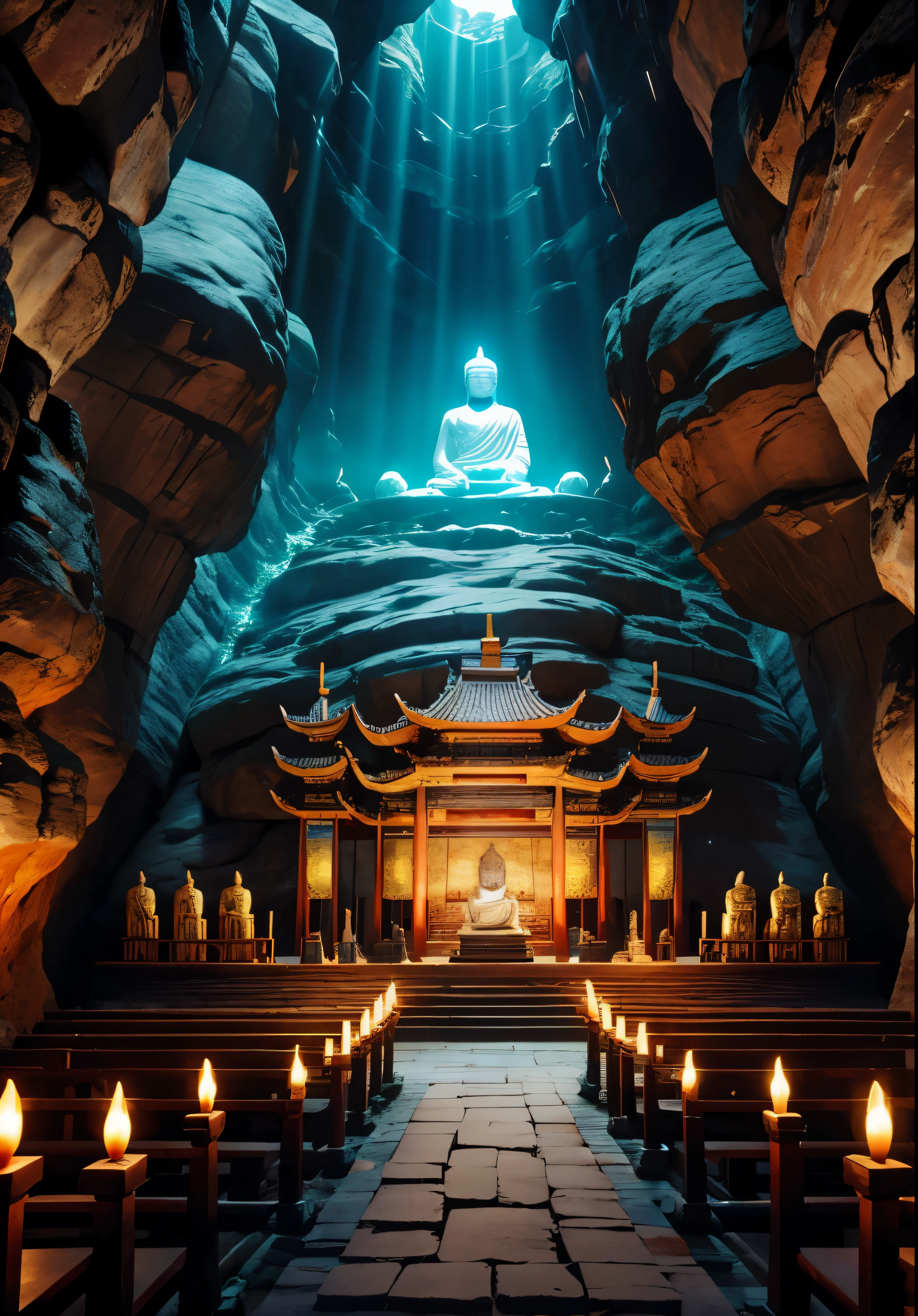 In this 3D rendering, Aerial view reveals mysterious depths of ancient Chinese caves. The walls of the cave are decorated with an astonishing collection of more than a hundred Chinese Buddha statues, Each is visibly posed in a posture of worship or rest.. The most striking of these statues is the awe-inspiring thirty-meter-high Buddha Head. The Buddha statues on both sides all look upward, Pointing to the giant figure in the middle. The mysterious and solemn atmosphere inside the cave creates a deep sense of reverence and awe., inspire a deep