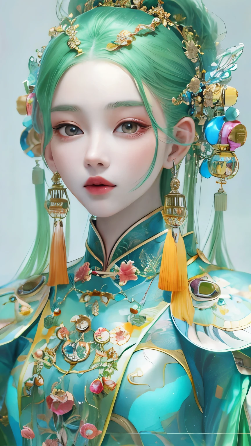 Tang suit,Chinese Hanfu,a image of a woman wearing colorful robot tech, in the style of free-flowing surrealism, shiny/glossy, precise and lifelike, hard surface modeling, precisionist lines, light silver and azure, engineering/construction and design,Luminous hair accessories, long hair, Luminous earrings, glow necklace, cyberpunk,transparent clothes,rainbow colors