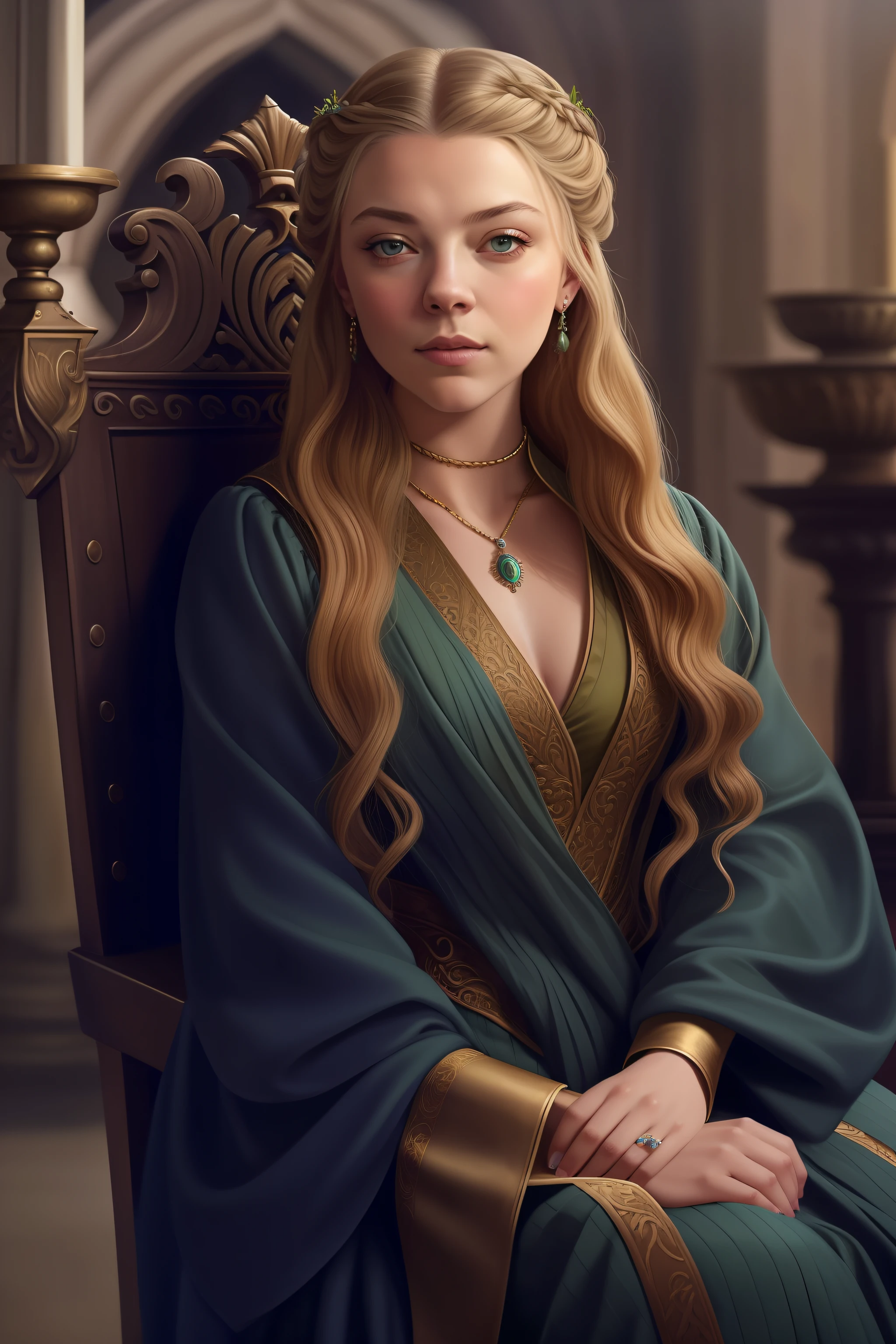 Arafed woman sitting in a chair with a sword in her hand, retrato da princesa, pintura de personagem bonita, retrato margaery tyrell sentar, arte de personagem impressionante, princesa medieval, Retrato da princesa, Natalie Dormer, ((uma bela imperatriz fantasia)), Chance, O retrato da  Tyrell, foto de retrato, stunning digital illustration, Retrato de uma rainha elfa, fan art, arte semi realista, vestes verde escuro e dourado, cabelos longos castanhos, cabelos castanhos, olhos verdes, anime