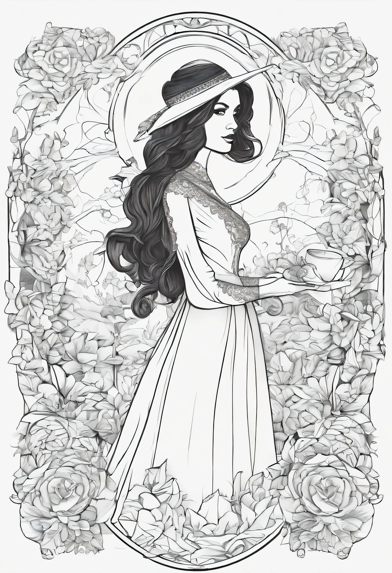 coloring illustration drawing of cute and adorable Carmen Sandiego, cabelos brancos, usar um vestido de princesa, Highly detailed hair, encarar a felicidade, Arte de linha limpa, altamente detalhado, Art Station, usando a coroa da flora, arte conceitual, sharp focus, illustration, Olhos bonitos, linhas livres, folha de caracteres, 8k, comprimento de corpo inteiro, Domine a paz, Rosa e flores fundo, baixo detalhamento, Art Station, arte conceitual, sharp focus, illustration, linhas livres, arte de linha, folha de caracteres, 32k, corpo inteiro, multiple view, preto e branco, fundo branco puro
