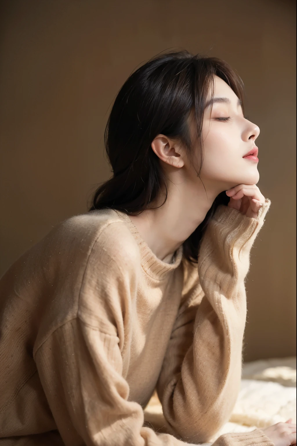 Arafad woman in tan sweater sitting on bed with closed eyes, Soft portrait shot 8k, Soft light shines from the side, Elegant sideways posture, beautiful soft lighting, Beautiful, smooth and soft light, lovely woman, profile portrait image, elegant side pose, portrait soft light, Delicate and soft hazy light, fashion model face closed eyes, sha xi, charming neck