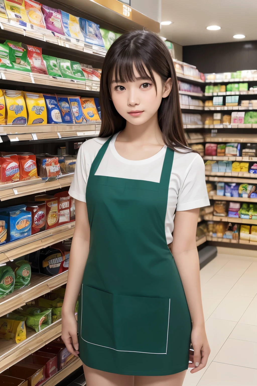 one girl, (a beauty girl, delicate girl:1.3), (15 years old, :1.3),歯を見せる笑顔
break, (shirt, green apron, family mart:1.3),巨乳
break, extremely fine-grained clarity, (symmetrical eyes:1.3),Plump thighs、full body figure、セミロングヘア
break, (Inside a convenience store:1.3), perfectly trimmed fingers,
break, small breasts, brown eyes, parted bangs, brown hair,  girl,
break, (Eye and face details:1.0),
break, (masterpiece, highest quality, super detailed, detailed face, 8k)