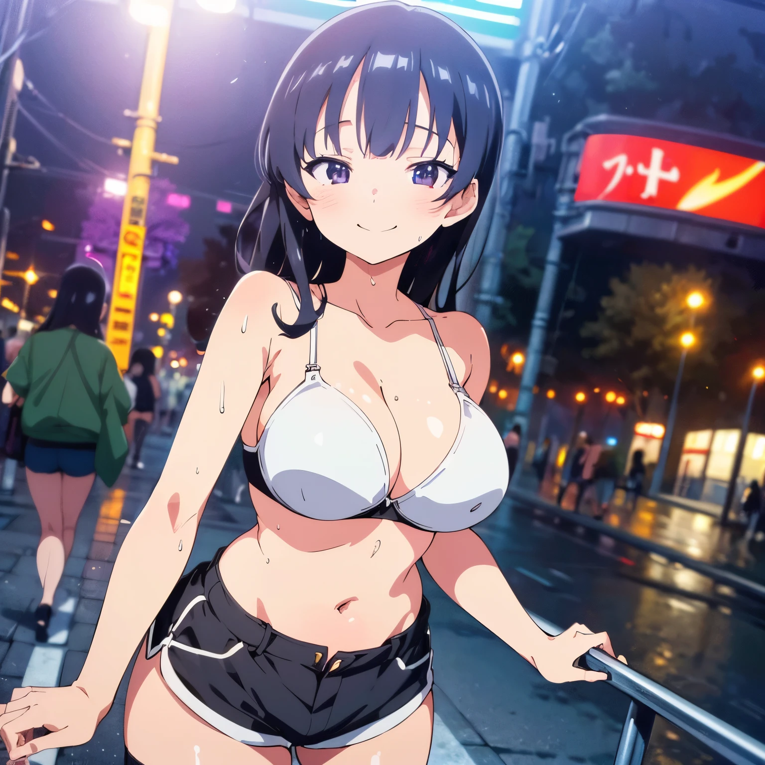 (masterpiece, best quality, high resolution, animescreencap, anime colored,), (perfect anatomy, beautiful detailed eyes, beautiful detailed body, beautiful breast, shiny skin), 1girl, solo, black hair,long black hair, large breasts, smiling, black eyes,armpits, looking at viewer, bikini, sexy pose, short shorts, ((white bra)), ((wet skin)), ((akihabara streets)), ((street lights),((short shorts))