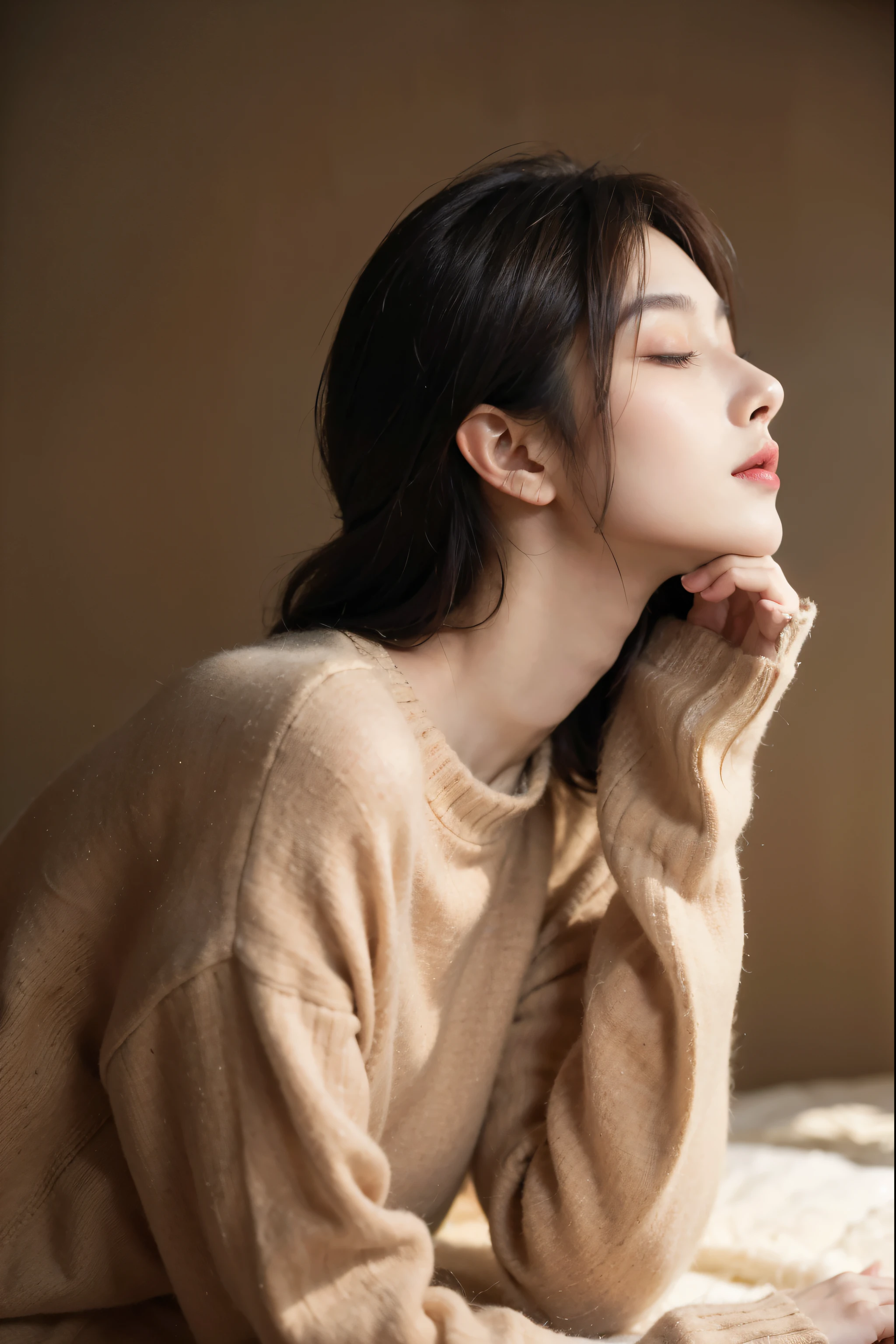 Arafad woman in tan sweater sitting on bed with closed eyes, Soft portrait shots 8k, Soft light shines from the side, Elegant sideways posture, beautiful soft lighting, beautiful, Smooth and soft light, lovely woman, Profile portrait image, Elegant sideways posture, portrait soft light, Delicate and soft light, fashion model face closed eyes, sha xi, charming neck