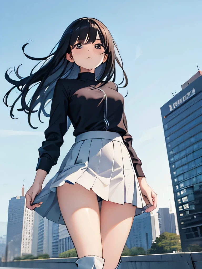(1) A woman is walking、A gust of wind blows up my skirt. A woman is holding her skirt with her hand, but her panties are visible. her panties are white.
(2) women are wearing turtle knits, Mini skirt and long boots. she has long black hair.
(3) Her expression is a mixture of surprise and bewilderment..
(4) The location is a high-rise building during the day.. the wind is blowing hard.