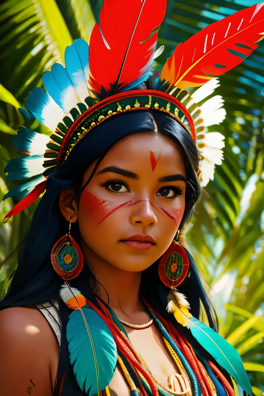 SFW. ((RAW photo, Best quality)), (Realistic, photo-realistic:1.4). A beautiful indigenous girl in native dress with feathers and feathers on her head, Blue and red green macaw feathers. amazon indian peoples in brazil, beautiful young female brazilian Native girl, paint face, Hot Body, Yanomami Indian in typical costumes,High quality. Amazonia forest and river Background, sunbeams. vivid colors, cinematic lighting.