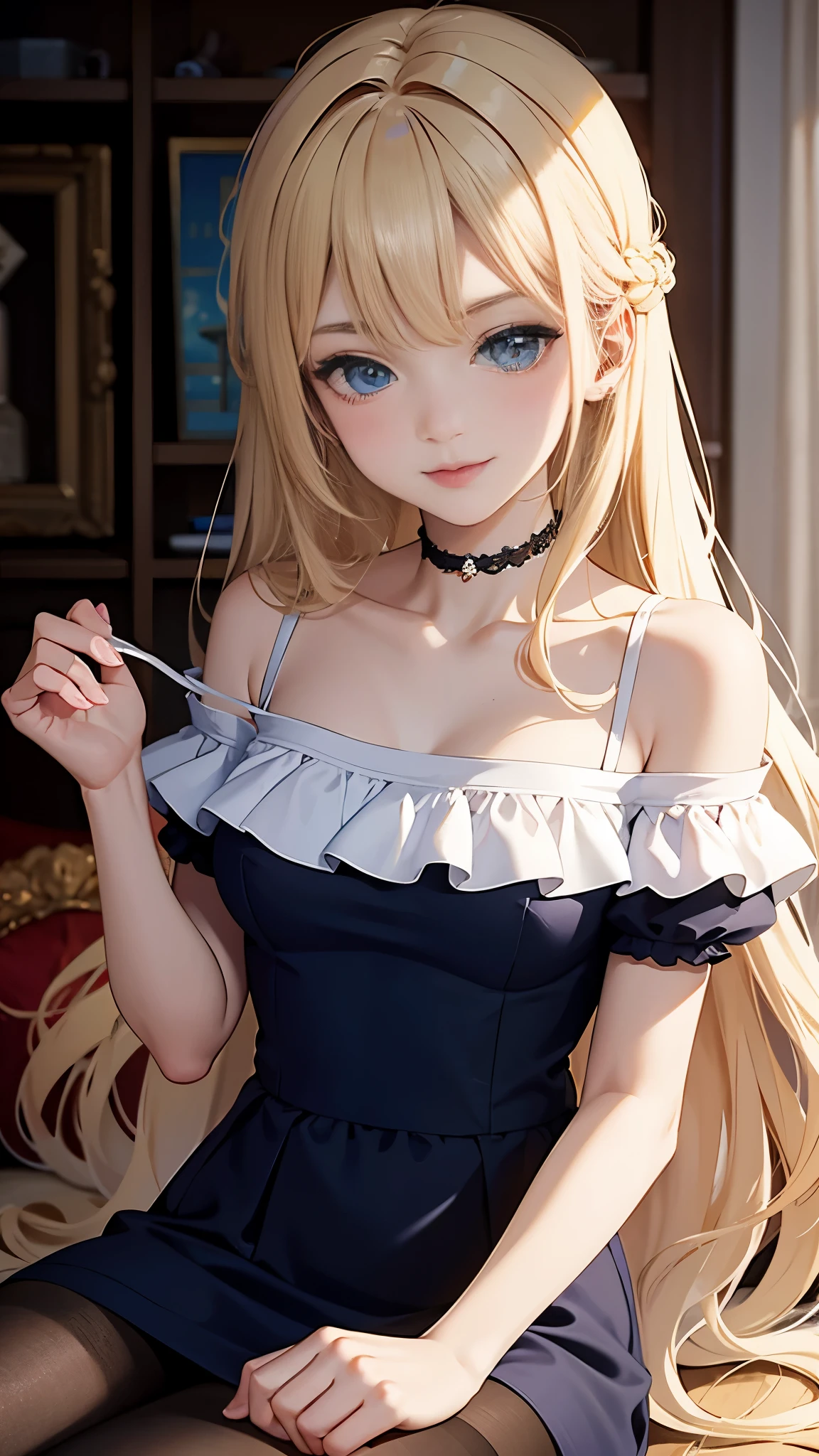 masterpiece,18 year old beautiful girl, blue eyes, medium breasts, Petite and slim, 8k, top quality, (Very detailed header: 1.0), (The facial details are very rich: 1.0), (very fine hair: 1.0), off-shoulder chiffon top,Short skirt black pantyhose, Very detailed official artwork, Anime cute art style, Clean and detailed anime art, Smile, blond hair, smooth long hair