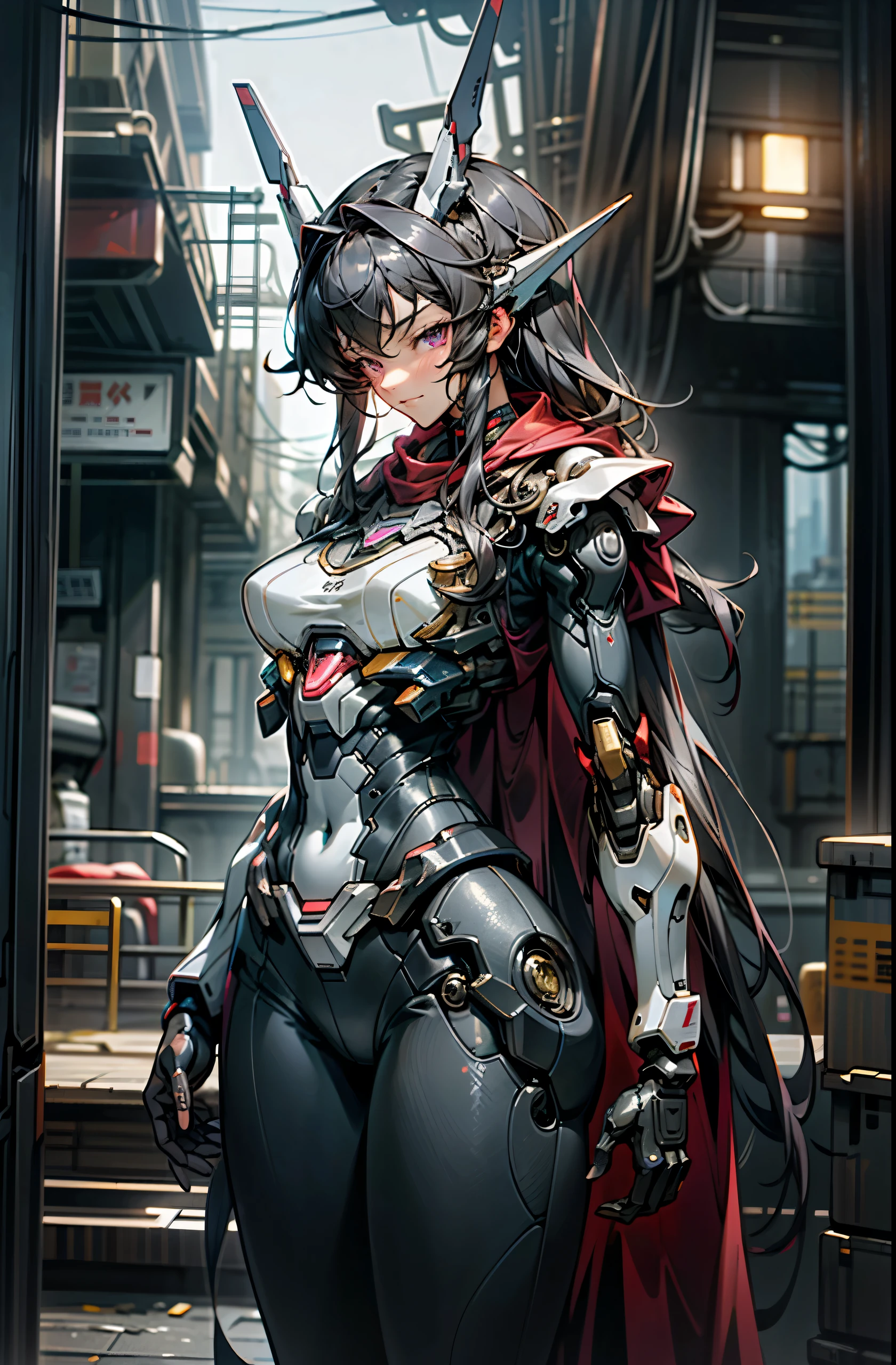 girl, sexy, chest parts off, mecha suit, Facial skin, chest, and thighs are exposed., big, chestの谷間が露出した肌, purple eyes, shining eyes, Fine LED lamp, detailed neon, dark_fantasy, cyberpunk suit, (gundam, red: 1.1), One, mechanical wonder, robot-like being, cybernetic guardian, ボロボロのmecha suitを着て, Complex, (steel metal [Rusted]), elegant and clear focus, photograph：greg latkowski, soft lighting, bright colors, masterpiece, (street)), cowboy shot, dynamic pose,