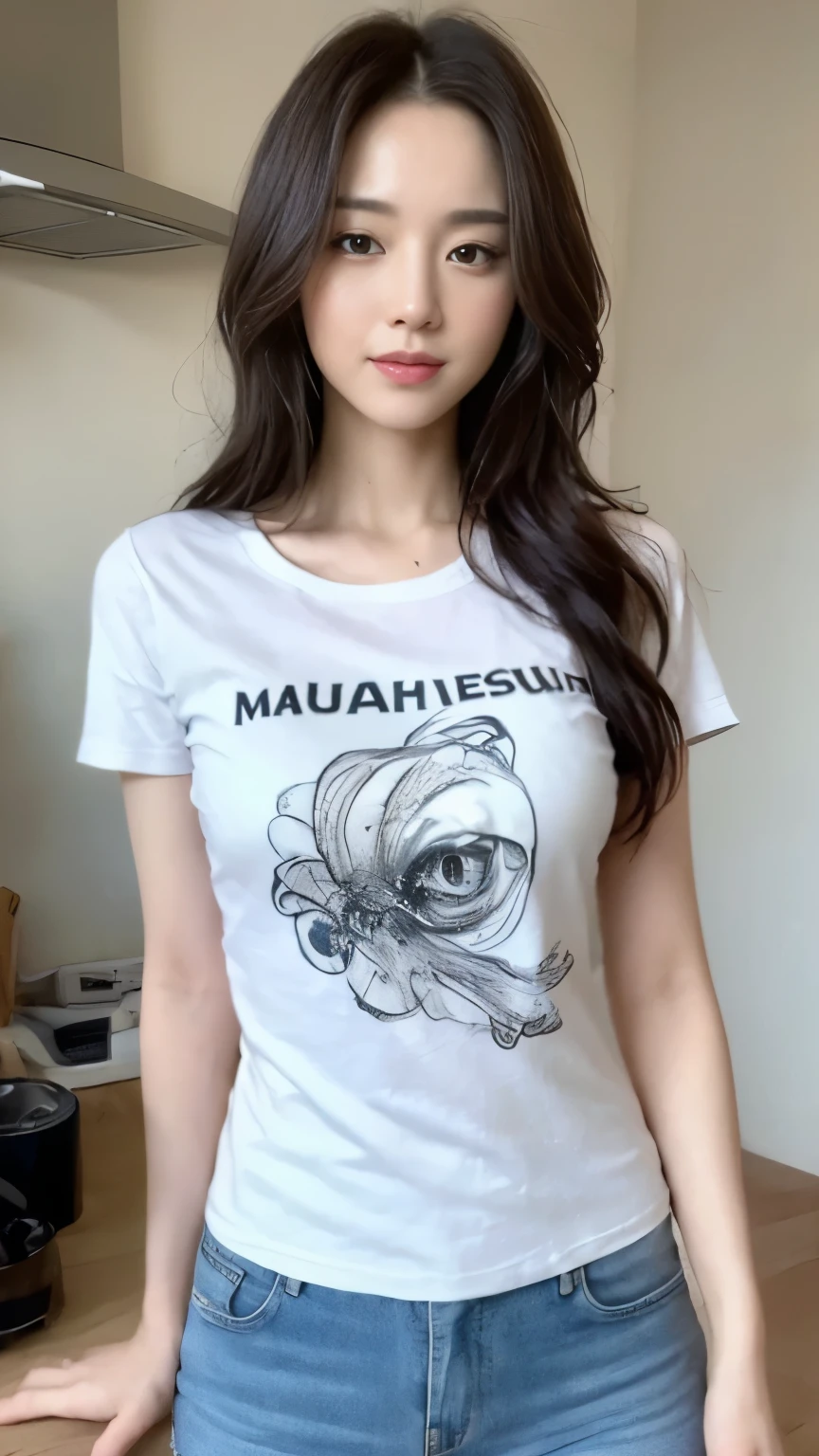 ((top-quality、8k、​masterpiece:1.3))、Beautiful woman with perfect body:1.4、slim abdomen:1.2、Longhair, normal breast, Highly detailed facial and skin texture, A detailed eye, delicate eyes, double eyelid, (smile), (full body shot), ((kitchen)), (standing), (((wearing casual t-shirt)), looking in front