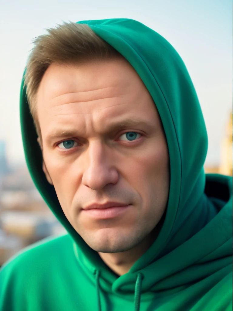 Handsome aleksei navalny, blue eyes in a full-length hoodie, looks at the viewer, Holi Color Festival, European type of appearance, European face, Green eyes and blonde hair,  Against the backdrop of a sunny city, Details, rays of sunshine, гипердетальный POV, by Lee Jeffries, Nikon D850, Camera roll, 4 Kodak Portra 400, F1 camera lens.6, saturated colors, A hyper-realistic, lifelike texture, spectacular lighting, Cinestill 800,