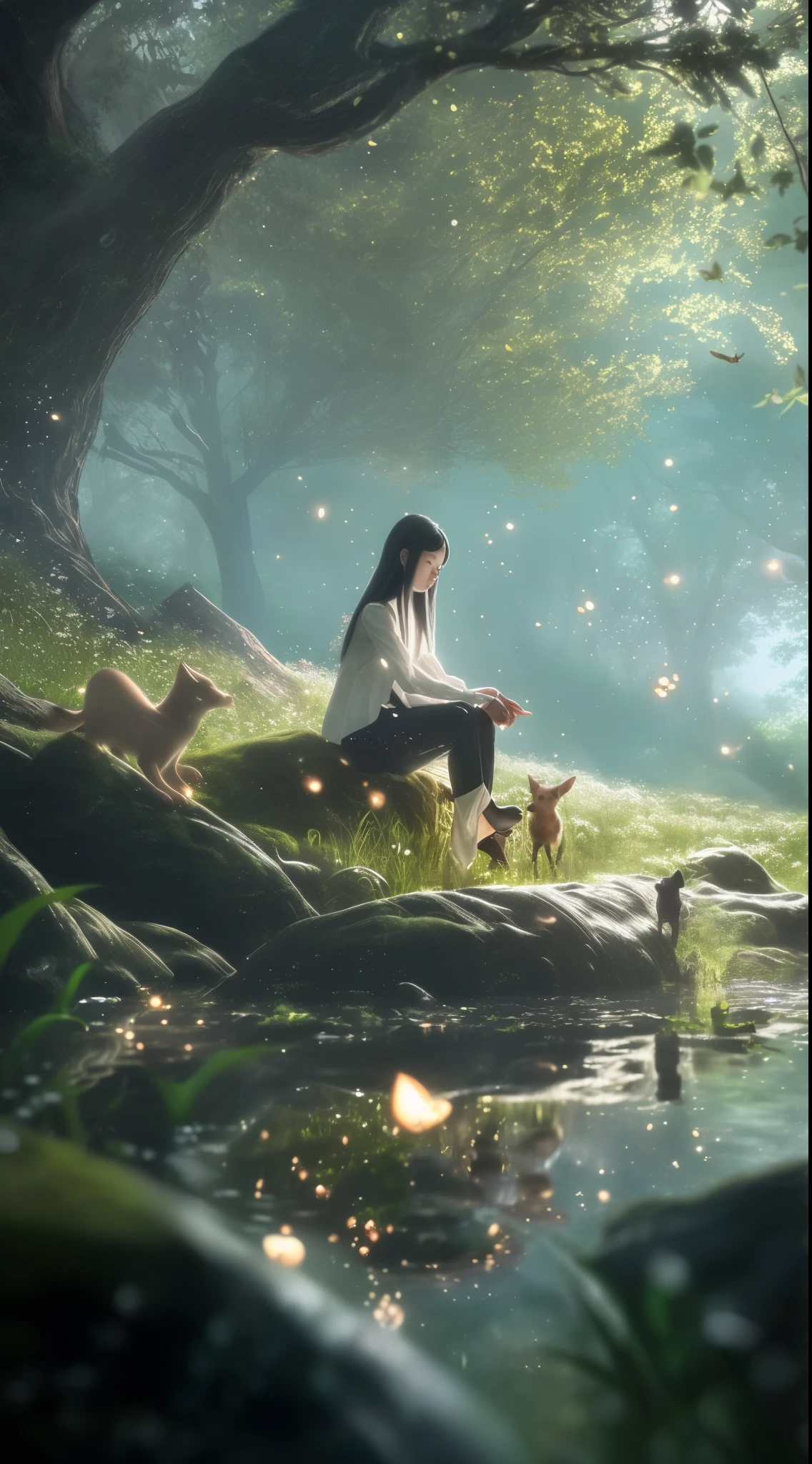 Rainy forest in spring,a woman wears white shirt and black pants,sits on grass and pets small animals,long black hair ,There are scattered fireflies around,calm water, meadow,flowers, leaves,Best quaity, lsometic view, oc render,C4D, sense of light,fairytale, fantasy, bright background, Artwork,16k ,superdetailed
