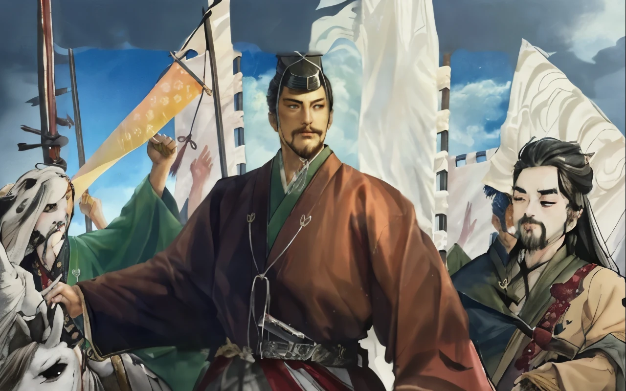 Painting of man in red robe holding sword, Inspired by Cao Zhibai, inspired by Wu Daozi, bian lian, Inspired by Hu Zaobin, Inspired by Dong Yuan, Inspired by Zhao Yuan, inspired by Zhao Mengfu, Emperor Xuande, Since the Warring States Period, inspired by horse stone, Three Kingdoms of China