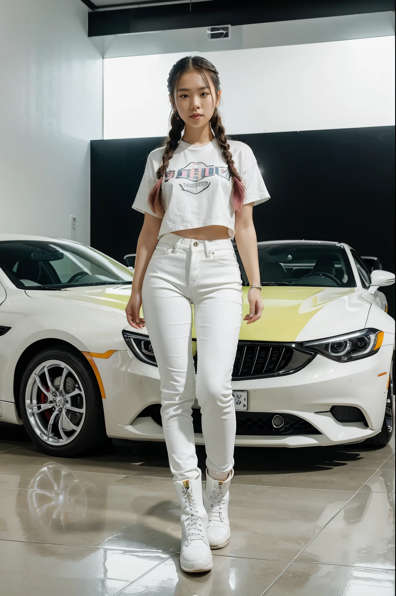 A beautiful Korean girl, braided hair in yellow, green, pink and cream neon, wearing a white t-shirt, black jeans, black boots,holding a weapon, standing in front of a shiny, futuristic and sleek red car with an ultra-modern design, wings an open seagull, parked in an ultra-modern showroom with white walls and a shiny plain white marble floor. Wide angle view,8k photo,