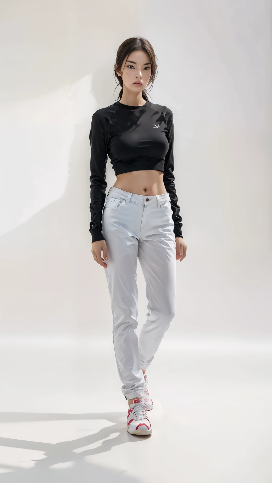 16K, Masterpiece, photorealism, A girl walks to her full height, a girl with dark long hair, a girl dressed in a white top, light jeans, white sneakers, white background,