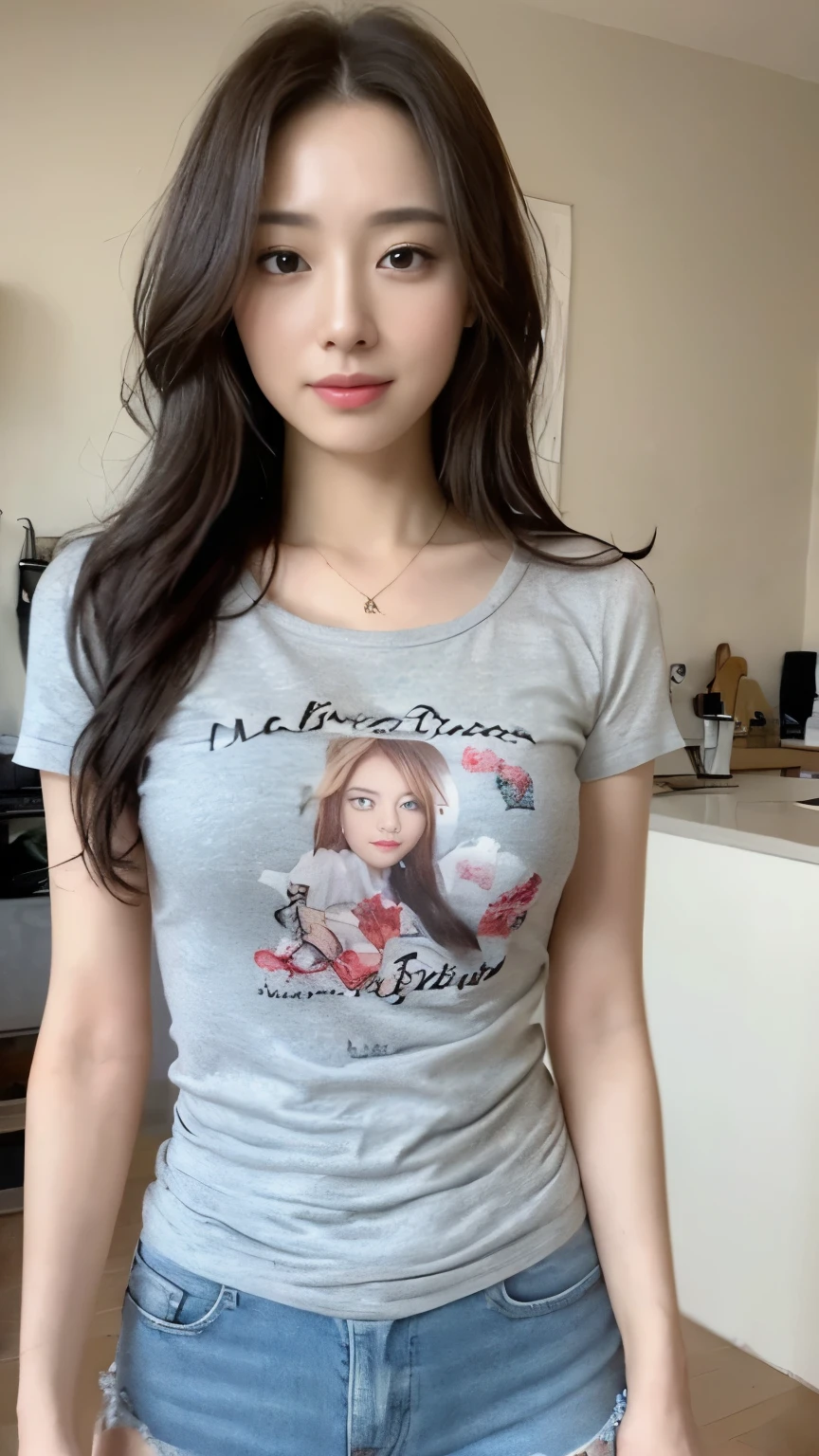 ((top-quality、8k、masterpiece:1.3))、Beautiful woman with perfect body:1.4、slim abdomen:1.2、Longhair, normal breast, Highly detailed facial and skin texture, A detailed eye, delicate eyes, double eyelid, (smile), (full body shot), ((kitchen)), (standing), (((wearing casual t-shirt)), looking in front