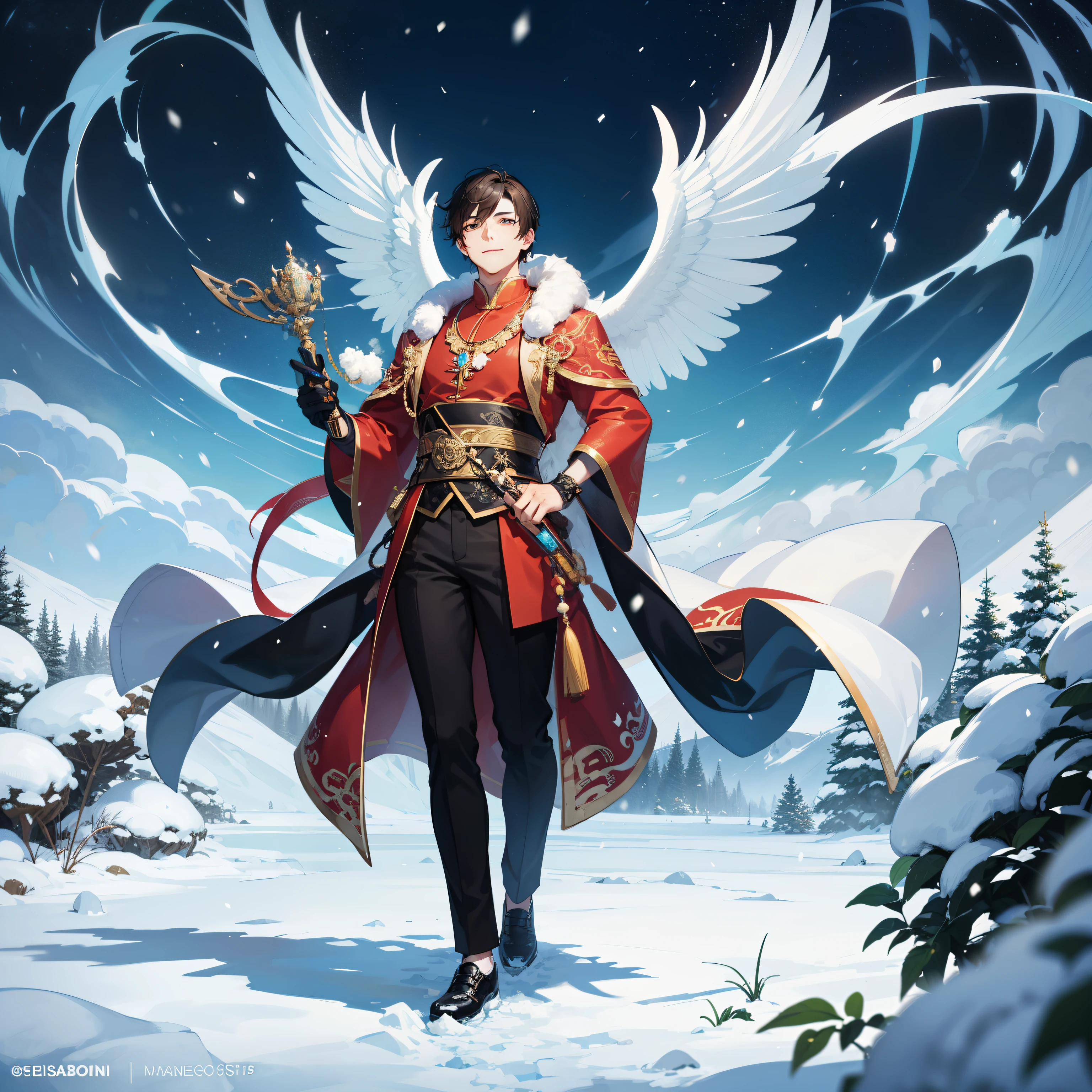 29-year-old Chinese boy wears necklace, Inspired by Shen Si Zheng, sky blue. fine hair, Prince of Winter, ice prince, full, Antique style artwork, ice and monarch, Fantasy Aesthetics Guvez, 8K high quality/detailed art, sweet smile, full-body shot, snow scene, Action shots--ar 9:16 -- 6 o'clock.0