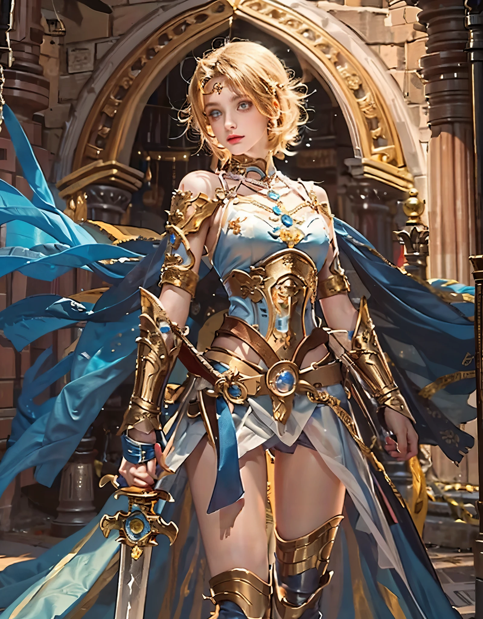 8k, RAW photo, best quality, masterpiece, realistic, photo-realistic, clear, professional lighting, beautiful face, best quality,ultra high res
BREAK

female hero,20 years old,short hair,golden hair,light brown hair,bright blue eyes,simple makeup,separated multi-layered armor,complex and luxurious decorations,midriff-baring,exposure-heavy,mystical and majestic ruins,(Full body, :1.4)(He holds a holy sword in his hand, with luxurious decoration and a mysterious and majestic presence, :1.4)