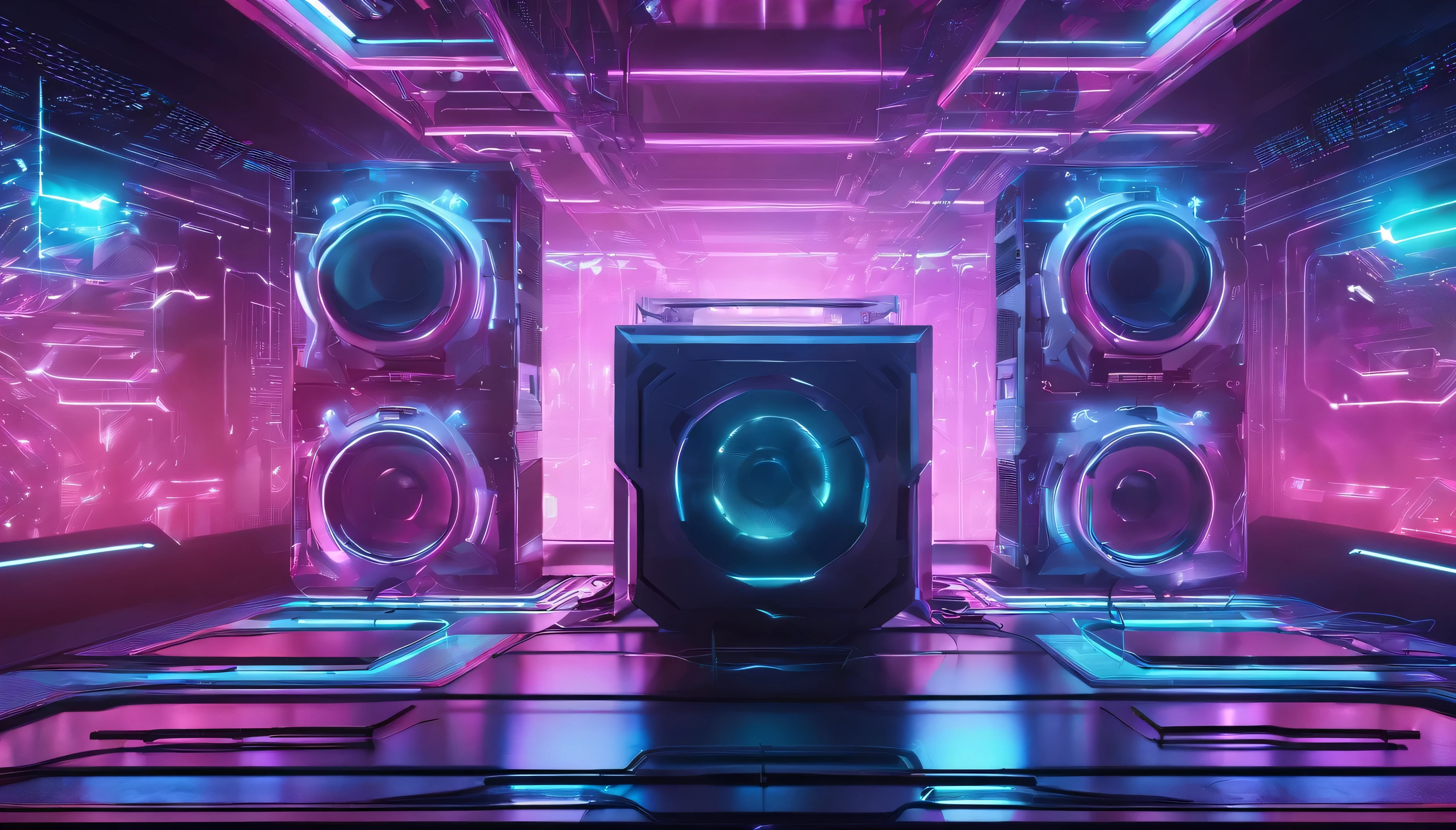 Cyberpunk background, giant speakers background, cyberpunk lighting,futuristic computer lab,wires everywhere very high quality