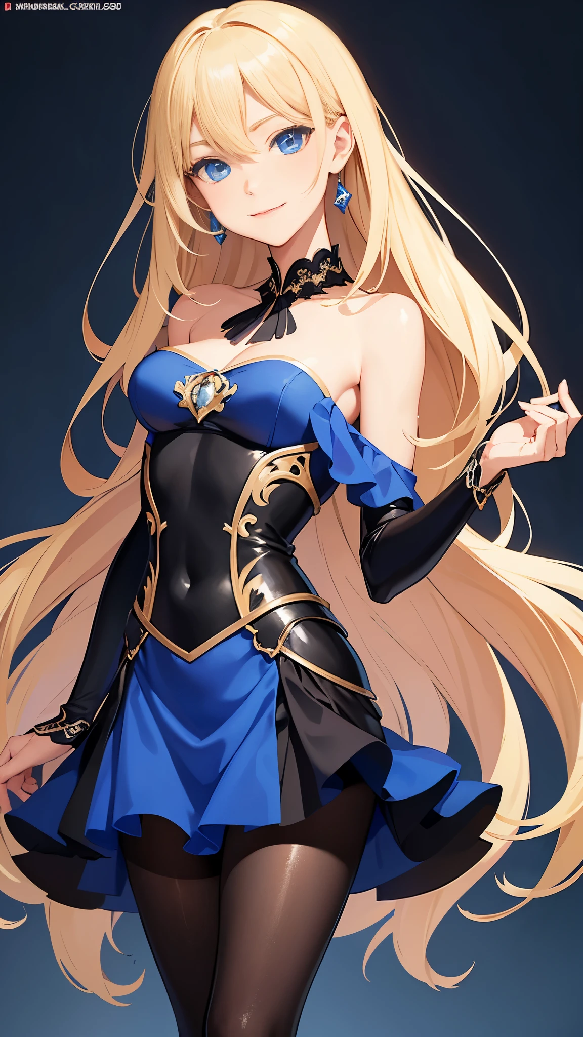 masterpiece,blue eyes,Petite and slender beauty with medium breasts, 8k, top quality, (Very detailed header: 1.0), (The facial details are very rich: 1.0), (very fine hair: 1.0), off-shoulder chiffon top,short skirt,black pantyhose,High heel, Very detailed official artwork, Anime cute art style, Clean and detailed anime art, Smile, blond hair, smooth long hair