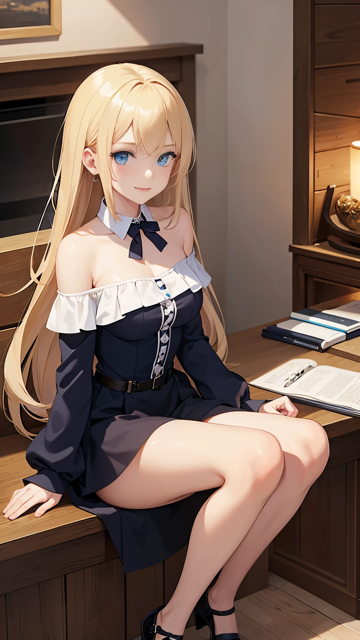 masterpiece,18 year old beautiful girl, blue eyes, medium breasts, Petite and slim, 8k, top quality, (Very detailed header: 1.0), (The facial details are very rich: 1.0), (very fine hair: 1.0), off-shoulder chiffon top,Short skirt black pantyhose, Very detailed official artwork, Anime cute art style, Clean and detailed anime art, Smile, blond hair, smooth long hair
