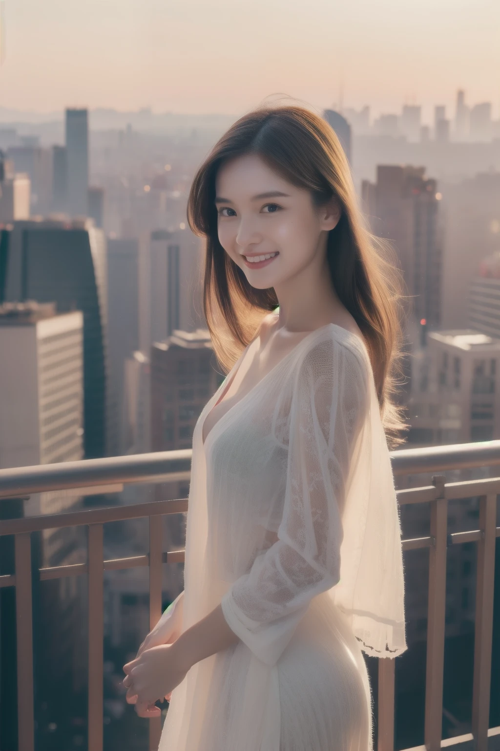 (Transcendent beauty:1.2), modeled, 25-years old, kawaii faces, The best smile, Gravure photos for fashion magazines, ​masterpiece, top-quality, winning artwork, ((hight resolution)), ((the Extremely Detailed CG Unity 8K Wallpapers)), Great skin, (Random Hair Styles), Perfect body line, Slender body, Clothes of prestigious brands, Autumn outfit, Classy and fashionable atmosphere, captivating and enticing, Sexy Girl, Stand against the backdrop of the city skyline, Autumn glow