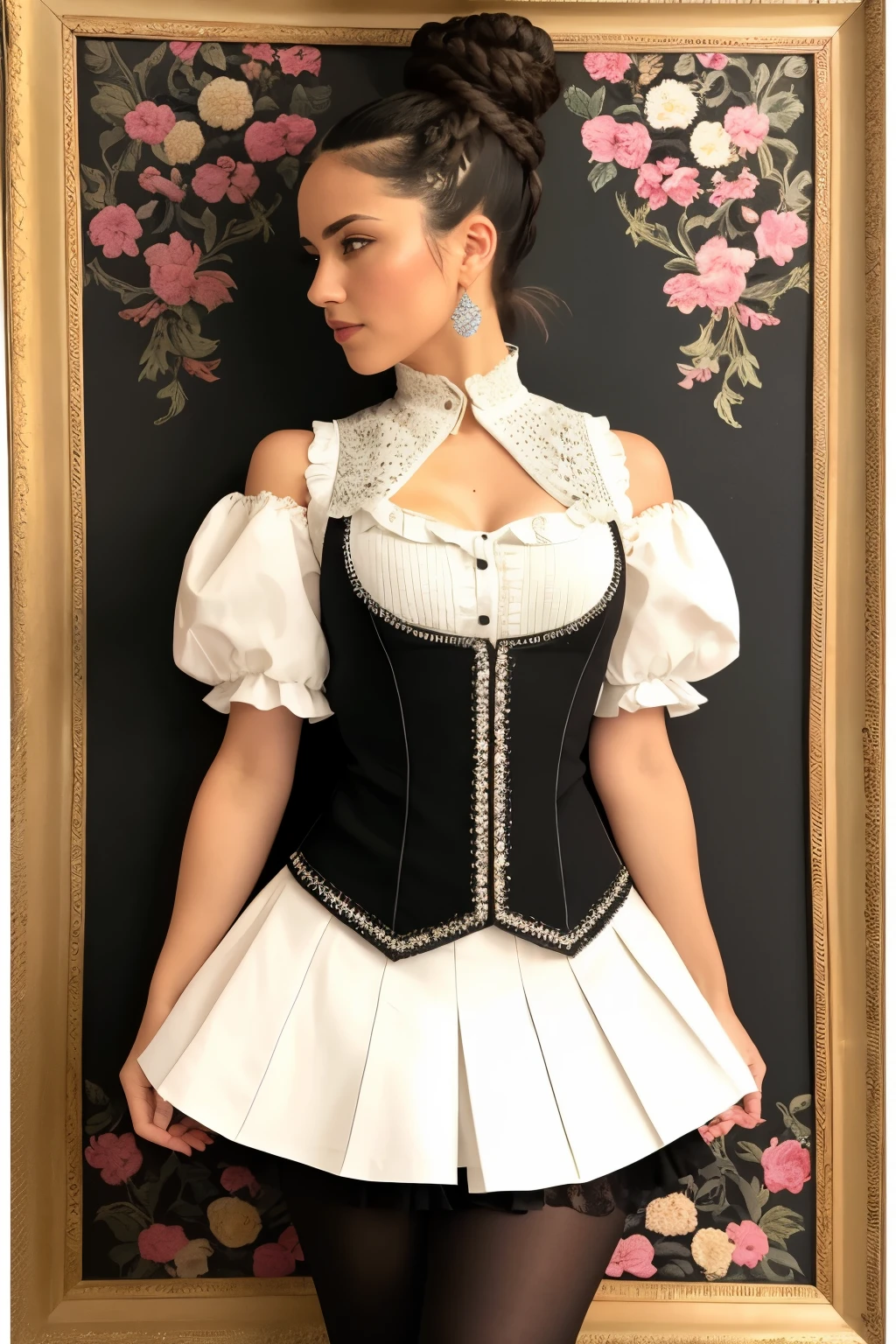 her name is Marie, high quality, 1girl, ((20-year-old fit Caucasian woman)), ((20 years old)), ((fit)), ((pale skin tone)), medium length straight blonde hair , wearing Lace-Up Corset Top + High-Waisted Pleated Skirt, pose: standing, background: Detail the picturesque streets of Bruges, Belgium, where cobblestone lanes, historic buildings, and serene canals create a postcard-perfect scene.