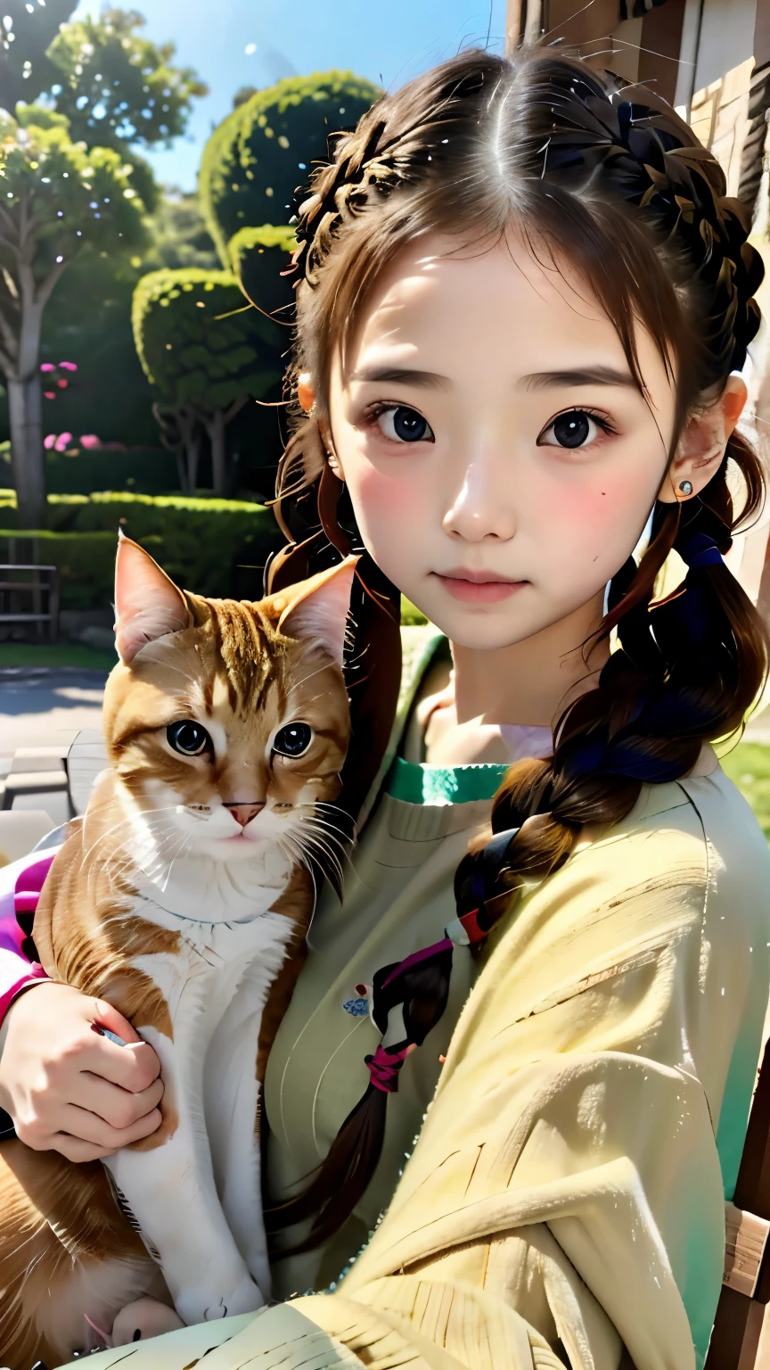 (((Girl playing with cat)))、A free-spirited cat and a dignified girl、one cute woman、Braids bundled into one、french braid、small nose、plump lips、carefully drawn hair、detailed eyes、Play with the cat at home:1.2、sorry cat:1.5、A girl who wants to be cared for、Calico cat and girl in jersey:1.3、Natural light, (very detailed, intricate details), sharp focus, calm colors, 8k, confused, 8mm film grain