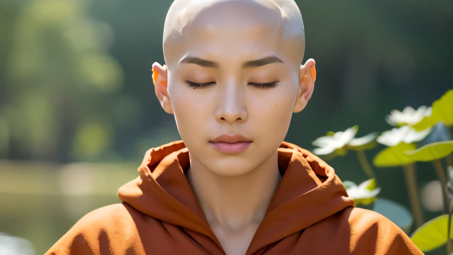 highest quality、highest quality、realistic、unity、8k wallpaper、official art、Highly detailed CG unity 8k wallpaper、Super detailed、High resolution、Physically based rendering、Super detailed,growing up, finely,The only handsome monk, (no hair:1.3), (close your eyes:1.4), (palms together), (meditating), (The face tends to be a little downcast), whole body, (back correction),slim face, beautiful young monk, highly detailed face, very beautiful face, fine eyes, view, blurred background, (Front view:1.3), (monk's robe:1.3), (Don'show as little skin as possible), (Sit and meditate in the lotus position:1.3), (Stay away from the camera), (Facing the camera forward), frontage, slim face, Tibetan mountain background, professional lighting, (illuminate the face:1.3)