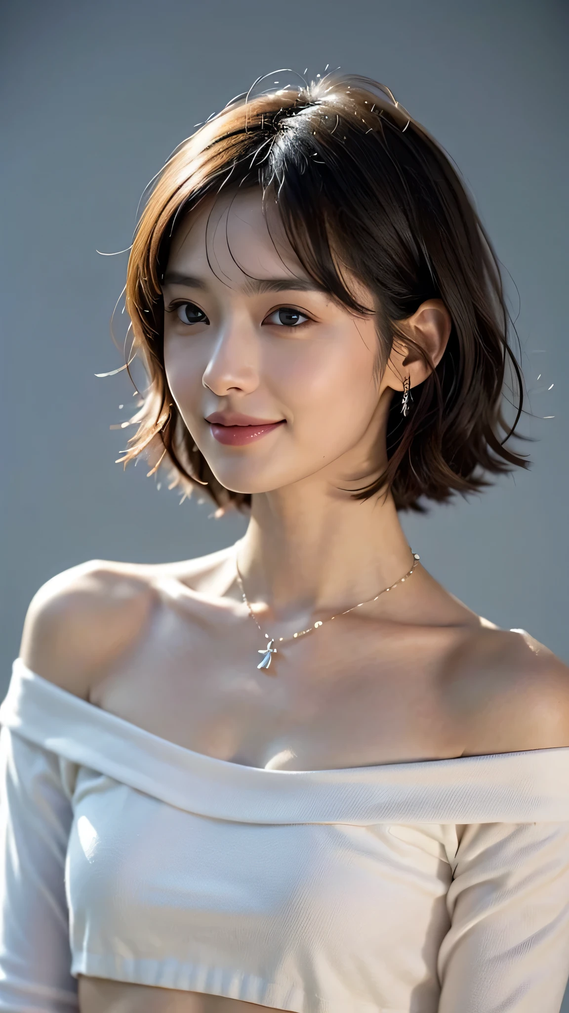 (8k, RAW photos, top quality, masterpiece: 1.2), ultra detailed, super resolution, (real, real photos: 1.37), portraits, high-definition RAW color photos, professional photos, very detailed and beautiful, very detailed, 8k wallpapers, amazing details, huge file size, official art, highly detailed CG Unity 8k wallpapers, 1 girl, upper body, (20:1.2), 20s, cute girl, realistic body, petite, white skin, glowing skin, slim body, black hair, short hair, (dull bangs: 1.2), smile, cute, (((fashionable winter sweater)), youthful, realistic face, look viewer, sexy pose: 1.6, (beauty face: 1.9), (detailed face: 1.6), (detail bright eyes: 1.5), (eyelashes: 1.4), ( Smile: 1.6), (Detailed Hair), (Cleavage), (D Cup: 1.5), (Style: 1.4), (Waist Width: 1.6), (Toned Waist: 1.4), (Women and Muscles: 1.5), (Realistic Human Skin: 1.6), (Necklace), (Earrings), (Bracelet)