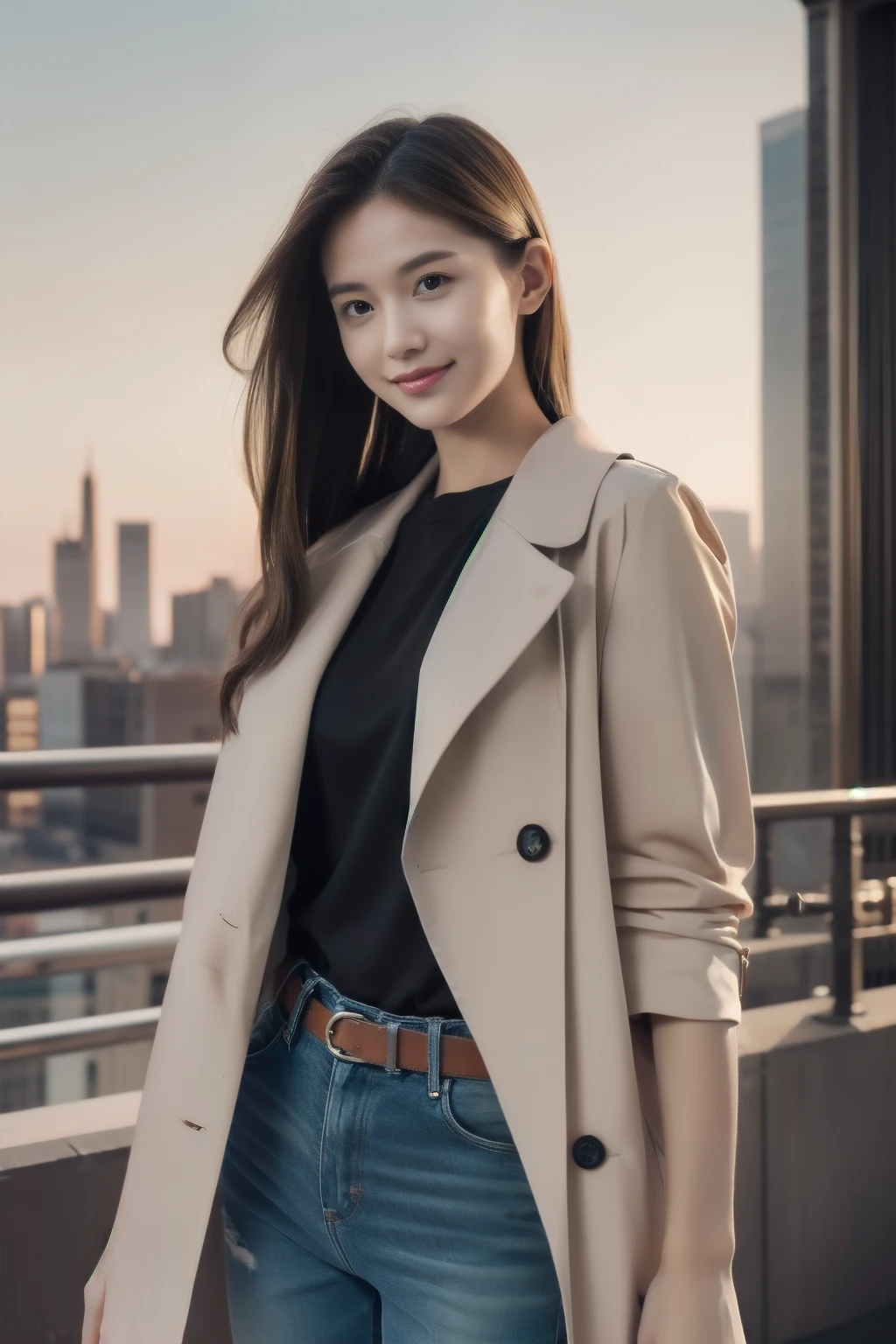 (Transcendent beauty:1.2), modeled, 25-years old, kawaii faces, The best smile, Gravure photos for fashion magazines, ​masterpiece, top-quality, winning artwork, ((hight resolution)), ((the Extremely Detailed CG Unity 8K Wallpapers)), Great skin, (Random Hair Styles), Perfect body line, Slender body, Clothes of prestigious brands, Autumn outfit, Classy and fashionable atmosphere, captivating and enticing, Sexy Girl, Stand against the backdrop of the city skyline, Autumn glow