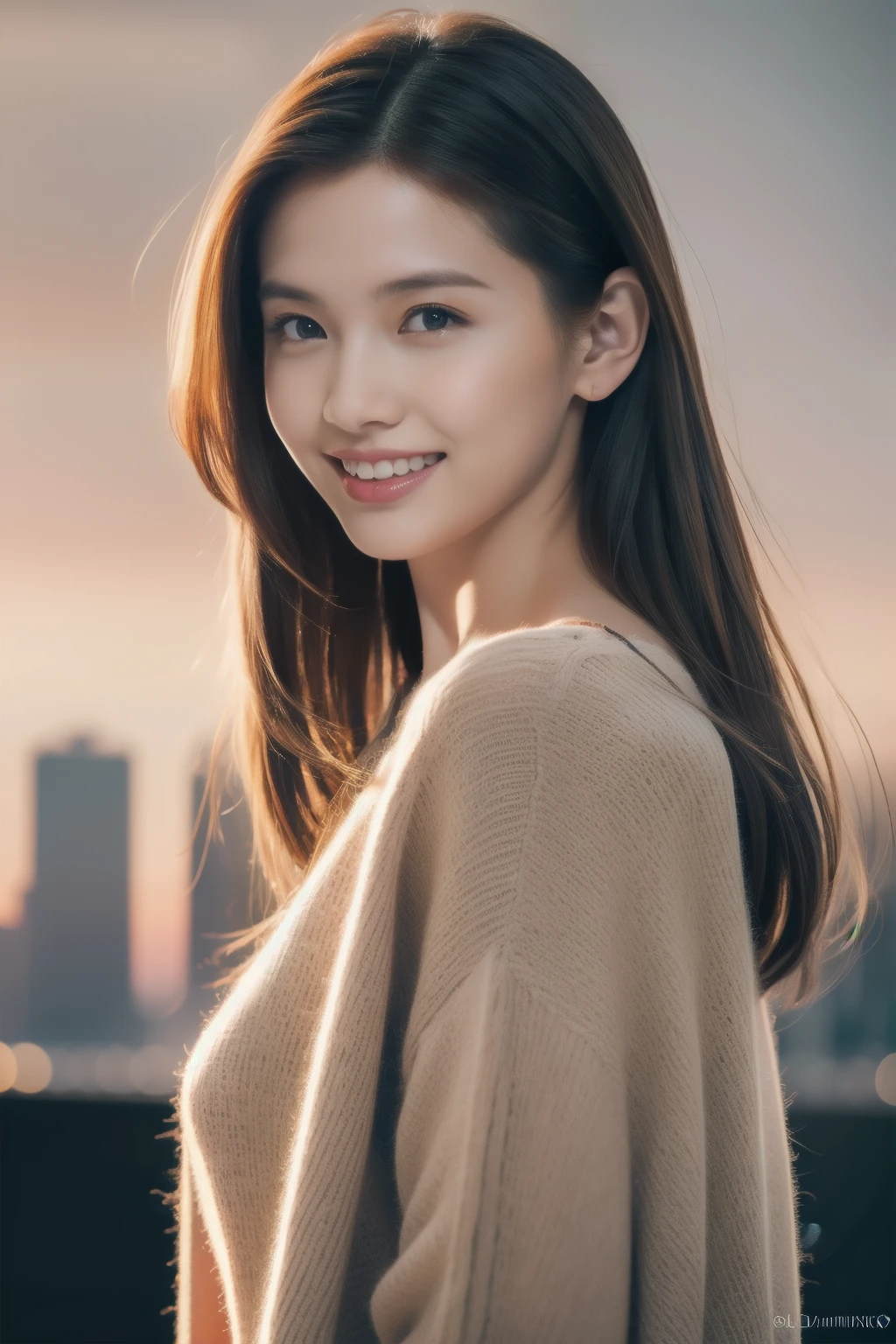 (Transcendent beauty:1.2), modeled, 25-years old, kawaii faces, The best smile, Gravure photos for fashion magazines, ​masterpiece, top-quality, winning artwork, ((hight resolution)), ((the Extremely Detailed CG Unity 8K Wallpapers)), Great skin, (Random Hair Styles), Perfect body line, Slender body, Clothes of prestigious brands, Autumn outfit, Classy and fashionable atmosphere, captivating and enticing, Sexy Girl, Stand against the backdrop of the city skyline, Autumn glow